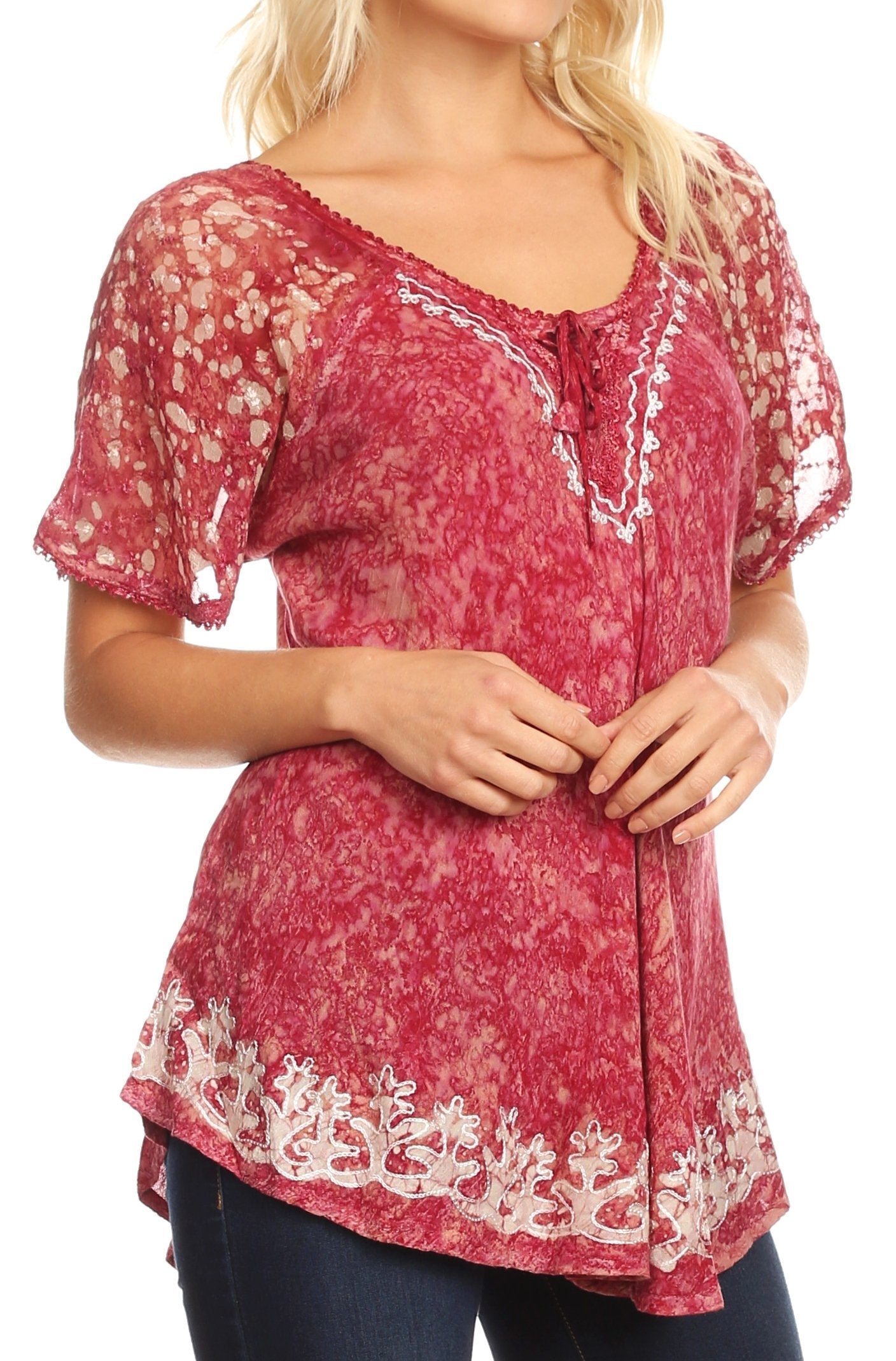 Sakkas Ash Speckled Tiedye Embroidered Cap Sleeve Blouse Top With Embroidery Hems - Concordia Style Boutique
