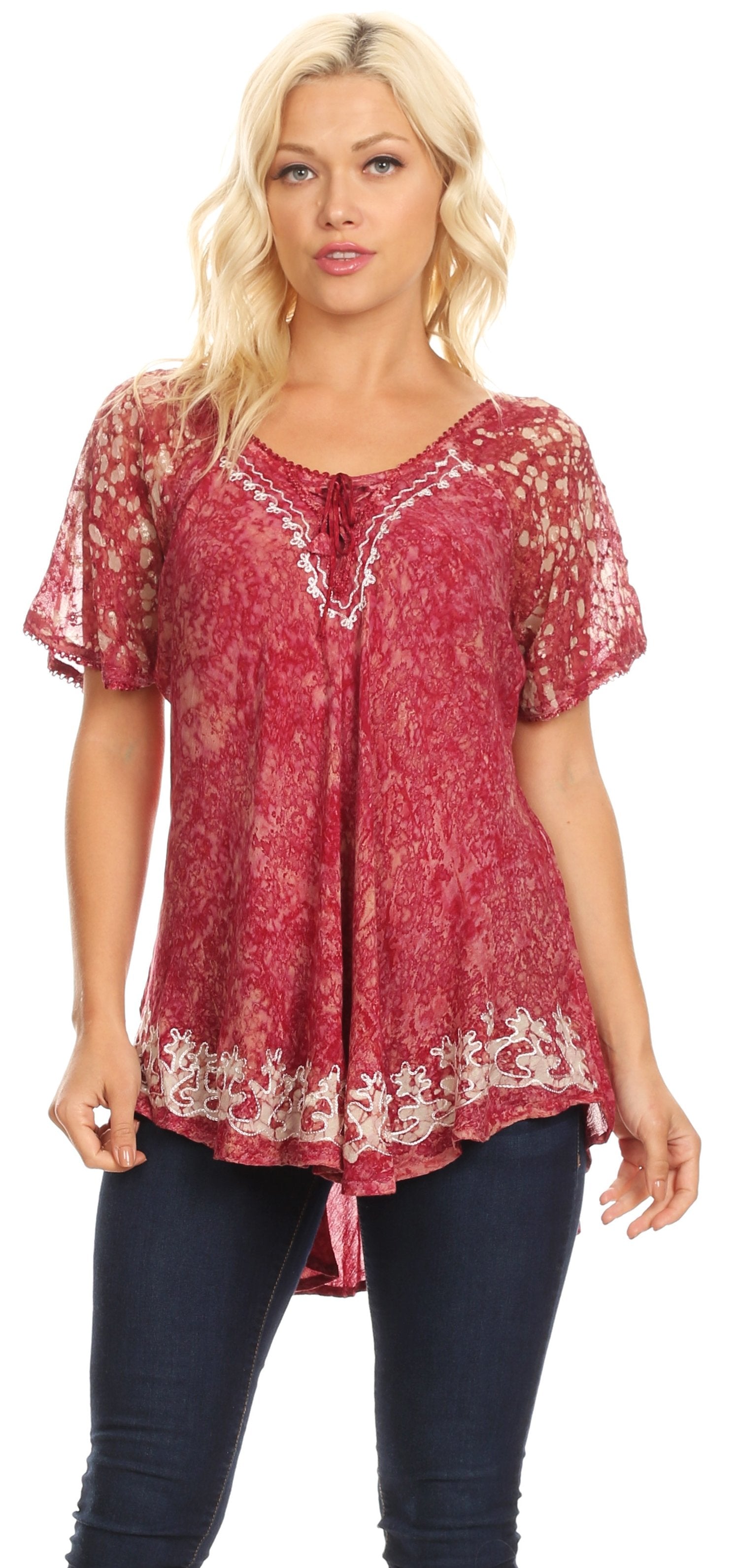 Sakkas Ash Speckled Tiedye Embroidered Cap Sleeve Blouse Top With Embroidery Hems - Concordia Style Boutique