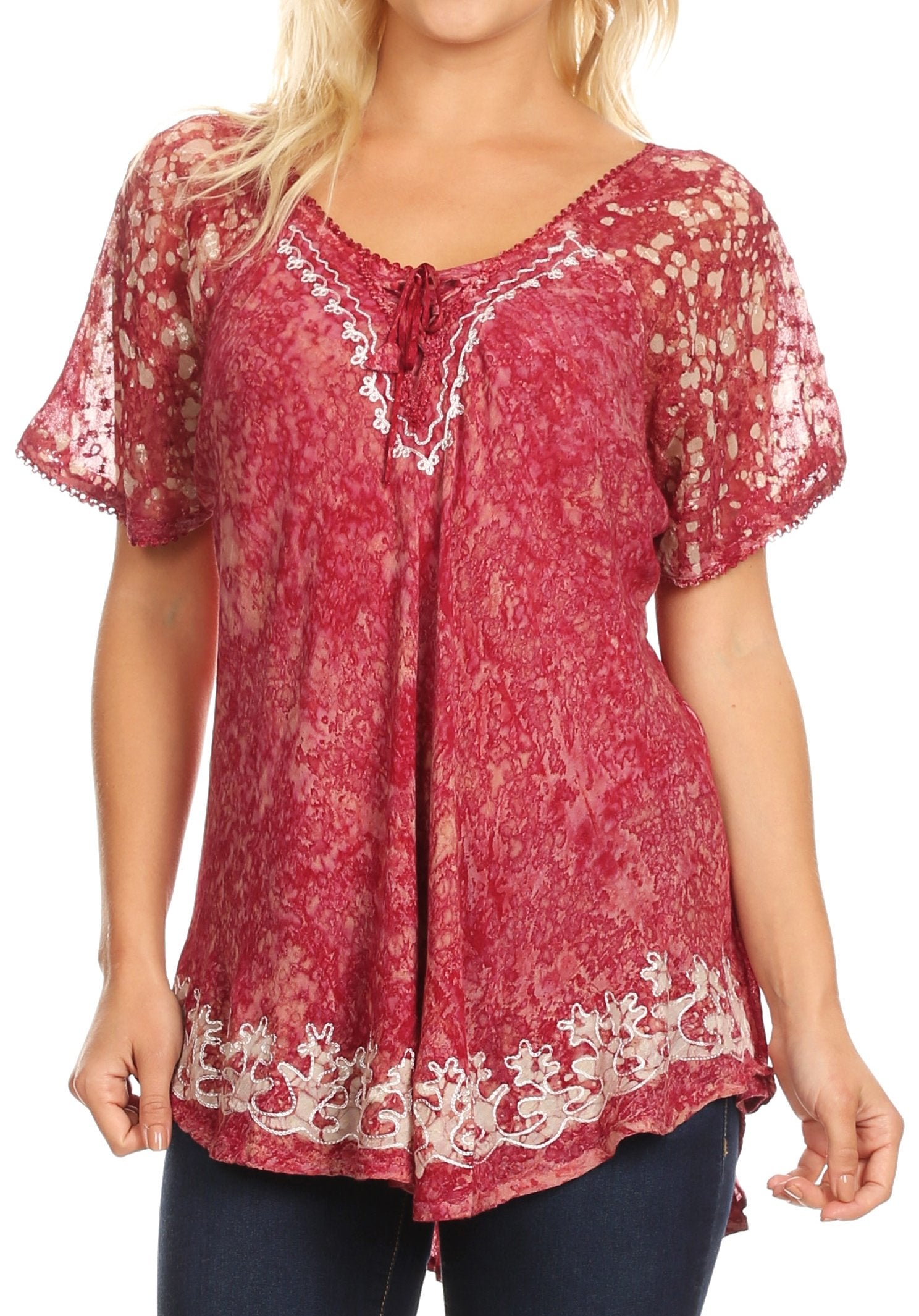 Sakkas Ash Speckled Tiedye Embroidered Cap Sleeve Blouse Top With Embroidery Hems - Concordia Style Boutique