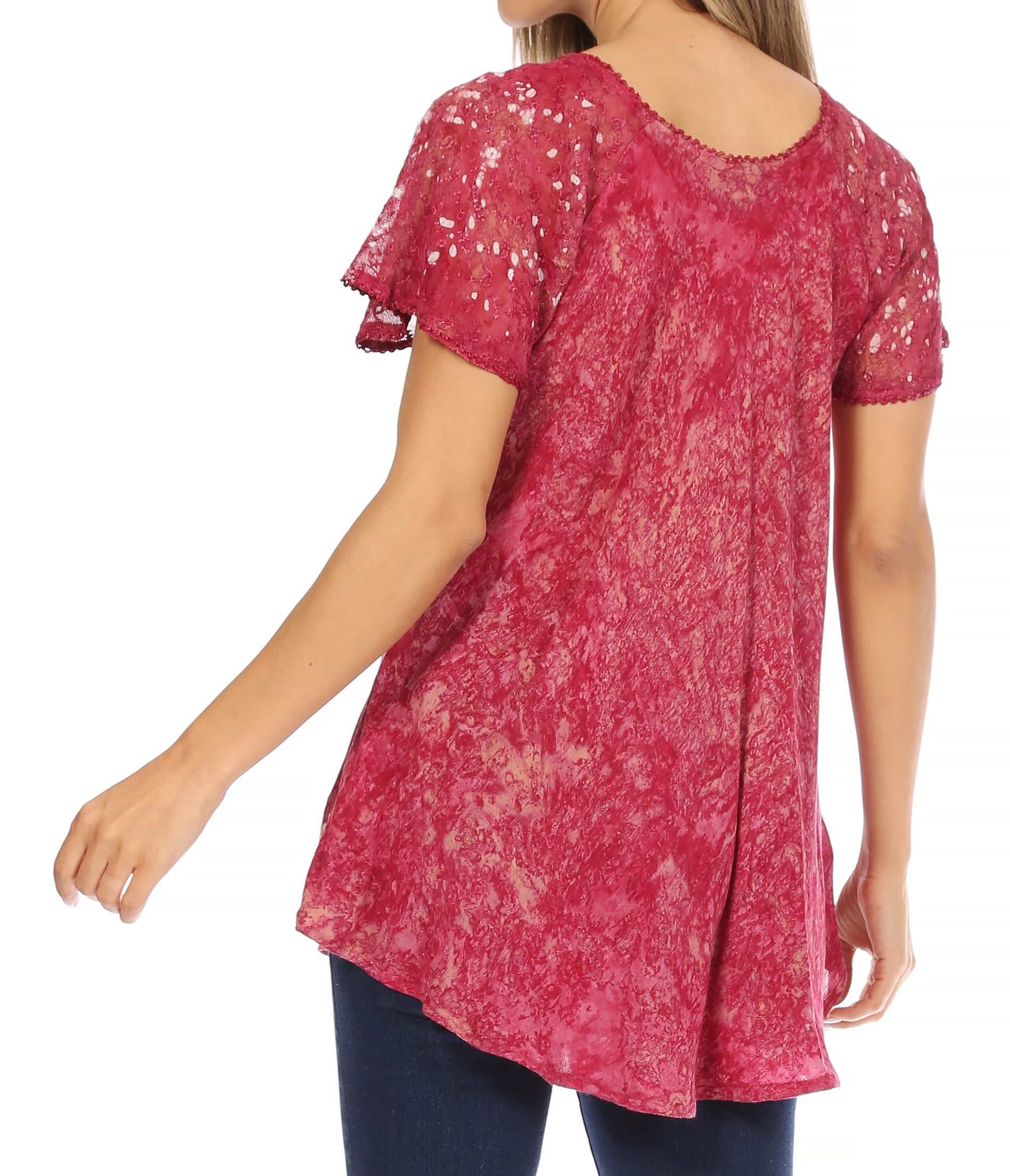 Sakkas Ash Speckled Tiedye Embroidered Cap Sleeve Blouse Top With Embroidery Hems - Concordia Style Boutique