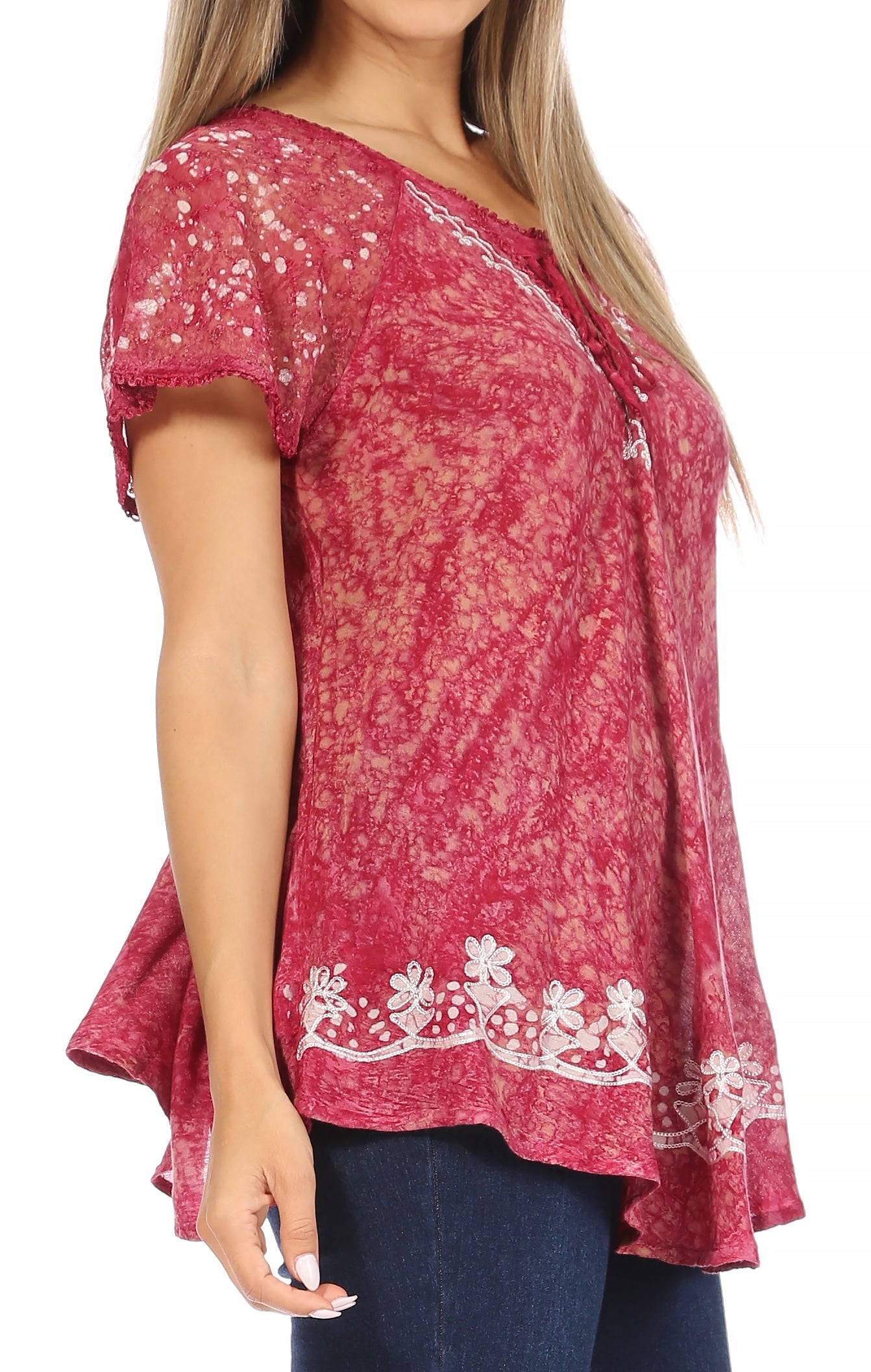 Sakkas Ash Speckled Tiedye Embroidered Cap Sleeve Blouse Top With Embroidery Hems - Concordia Style Boutique