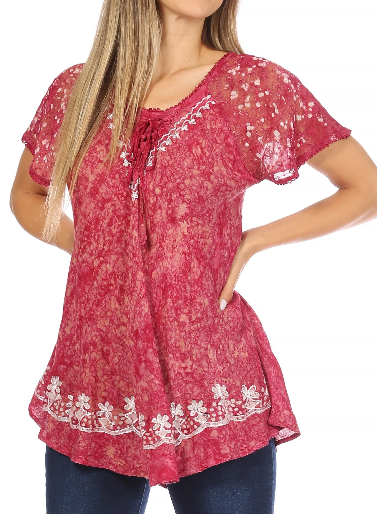 Sakkas Ash Speckled Tiedye Embroidered Cap Sleeve Blouse Top With Embroidery Hems - Concordia Style Boutique