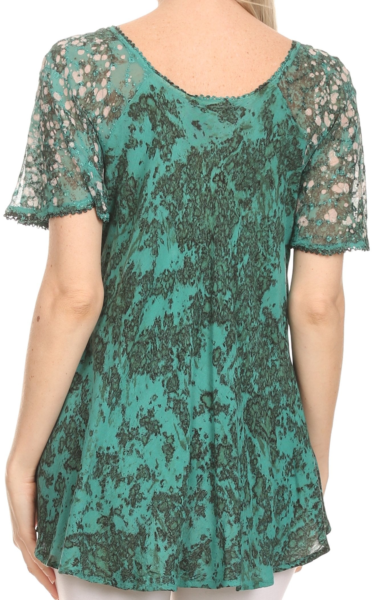 Sakkas Ash Speckled Tiedye Embroidered Cap Sleeve Blouse Top With Embroidery Hems - Concordia Style Boutique