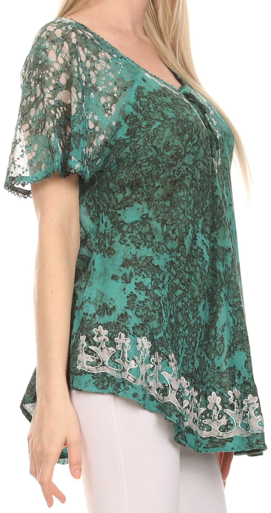 Sakkas Ash Speckled Tiedye Embroidered Cap Sleeve Blouse Top With Embroidery Hems - Concordia Style Boutique