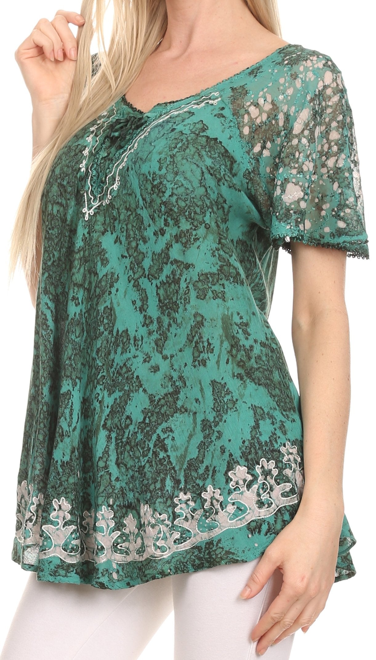 Sakkas Ash Speckled Tiedye Embroidered Cap Sleeve Blouse Top With Embroidery Hems - Concordia Style Boutique