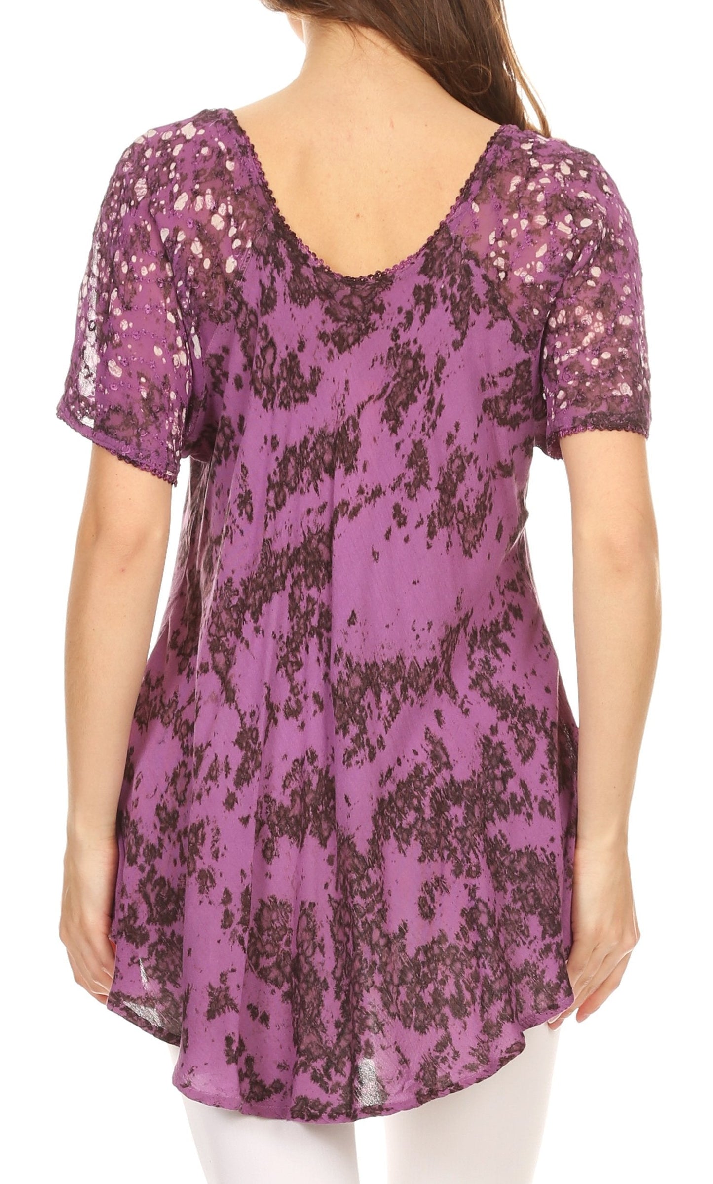 Sakkas Ash Speckled Tiedye Embroidered Cap Sleeve Blouse Top With Embroidery Hems - Concordia Style Boutique