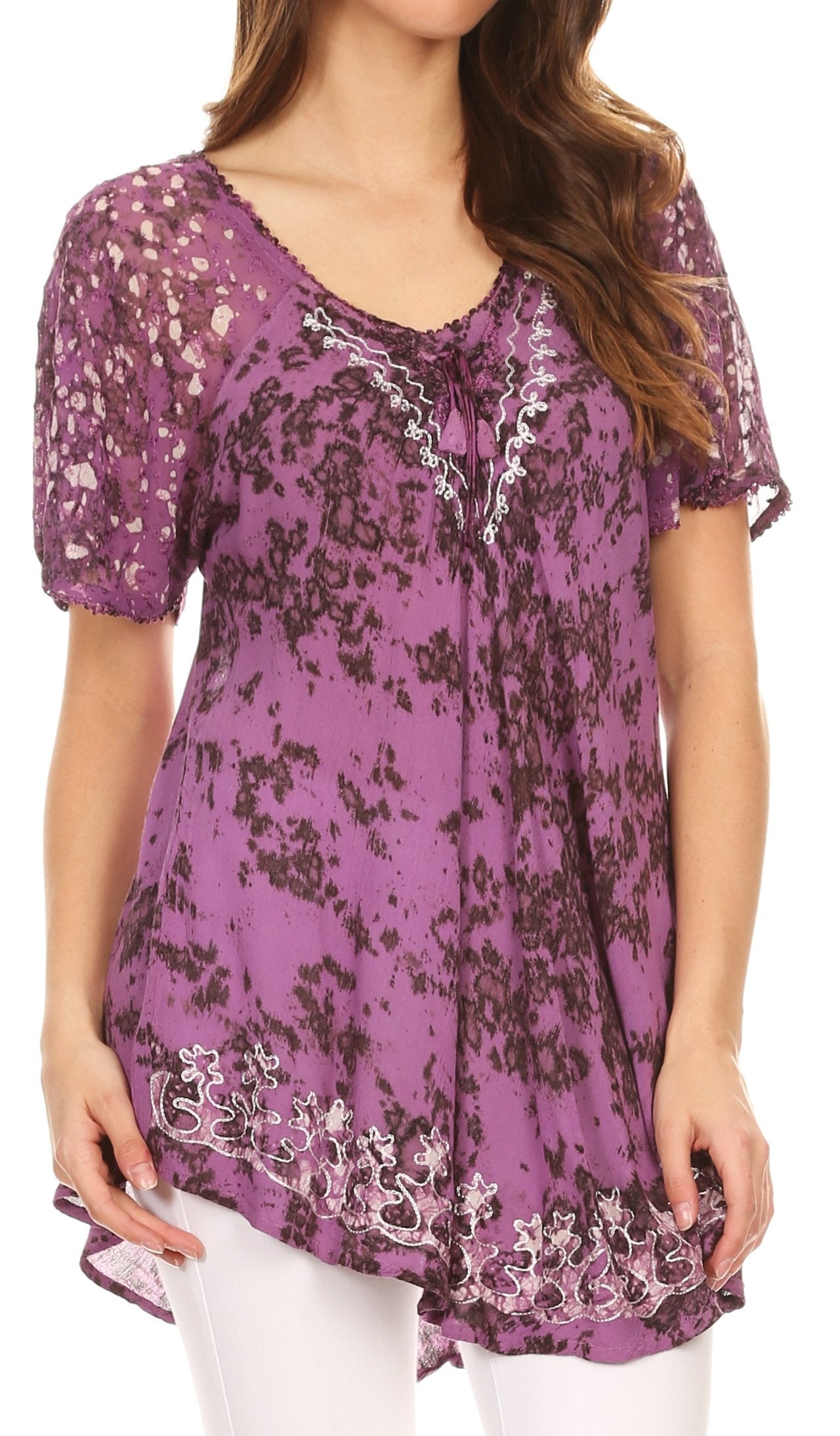 Sakkas Ash Speckled Tiedye Embroidered Cap Sleeve Blouse Top With Embroidery Hems - Concordia Style Boutique