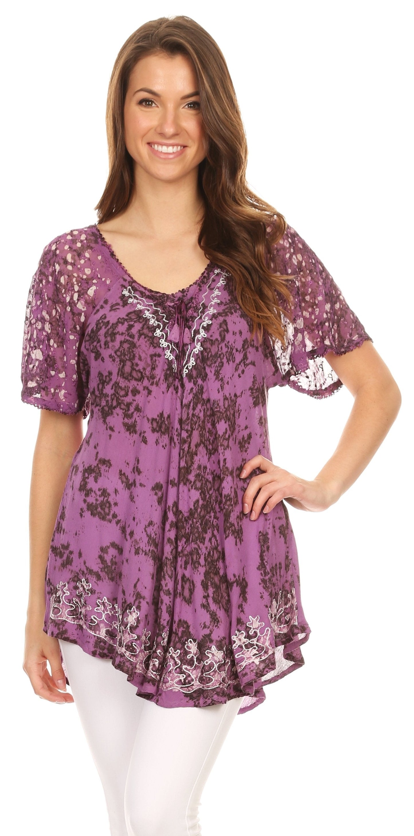 Sakkas Ash Speckled Tiedye Embroidered Cap Sleeve Blouse Top With Embroidery Hems - Concordia Style Boutique