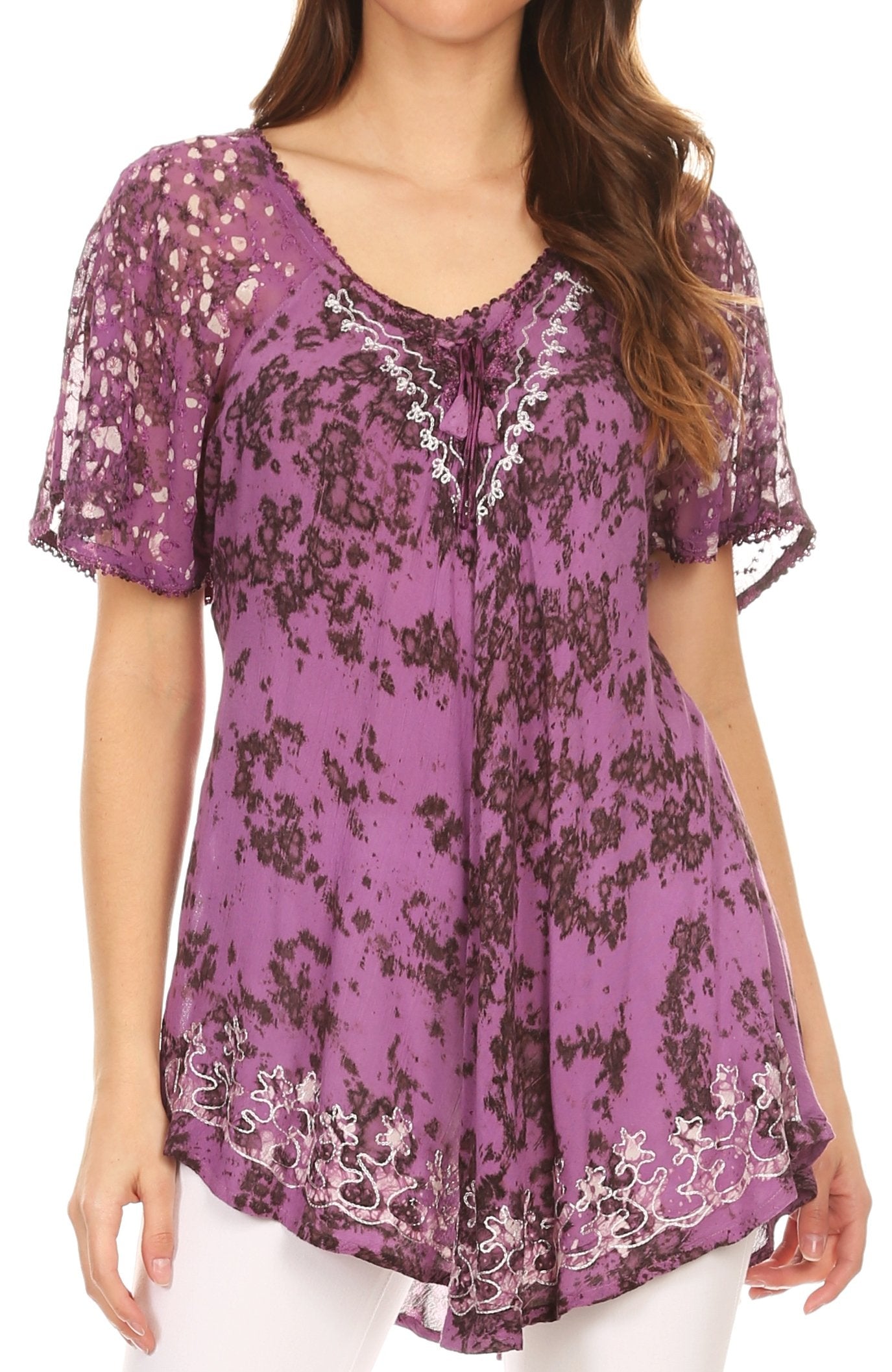 Sakkas Ash Speckled Tiedye Embroidered Cap Sleeve Blouse Top With Embroidery Hems - Concordia Style Boutique