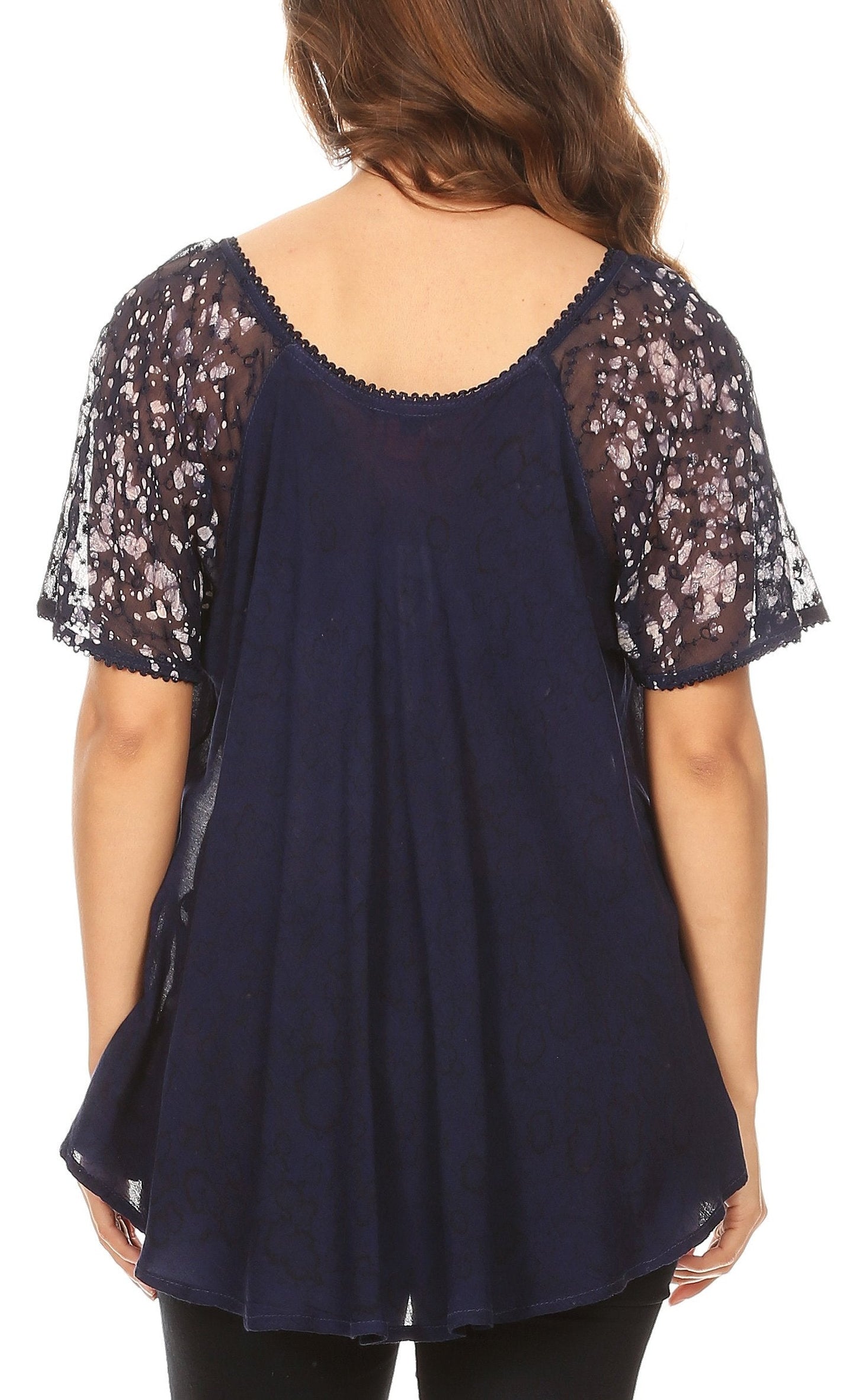 Sakkas Ash Speckled Tiedye Embroidered Cap Sleeve Blouse Top With Embroidery Hems - Concordia Style Boutique