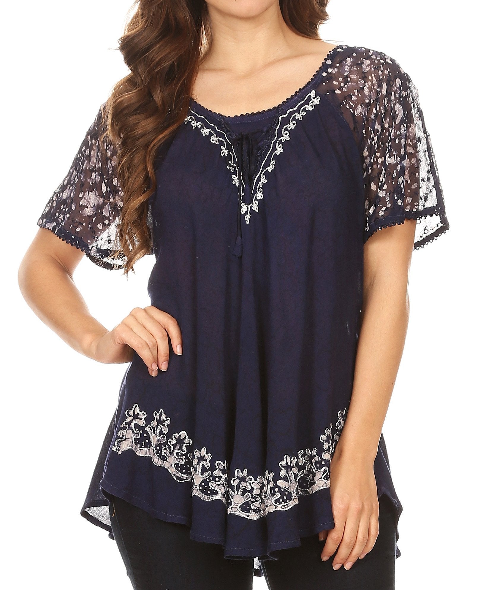 Sakkas Ash Speckled Tiedye Embroidered Cap Sleeve Blouse Top With Embroidery Hems - Concordia Style Boutique