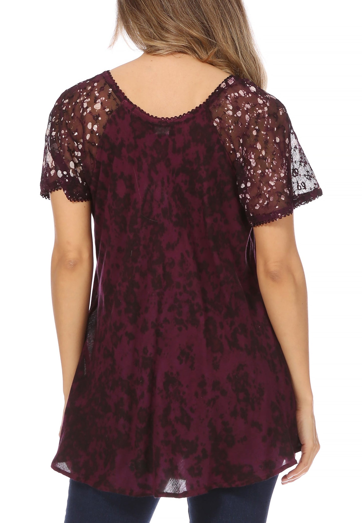Sakkas Ash Speckled Tiedye Embroidered Cap Sleeve Blouse Top With Embroidery Hems - Concordia Style Boutique