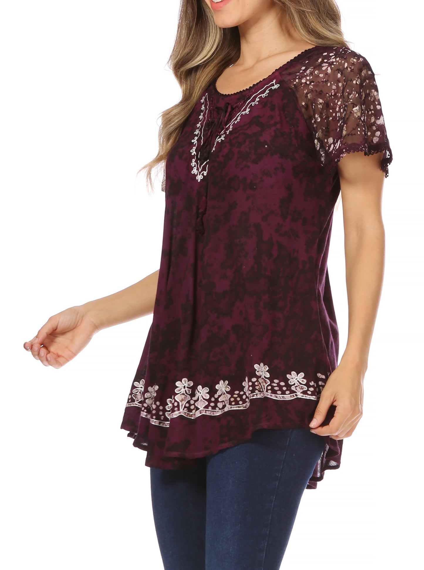 Sakkas Ash Speckled Tiedye Embroidered Cap Sleeve Blouse Top With Embroidery Hems - Concordia Style Boutique