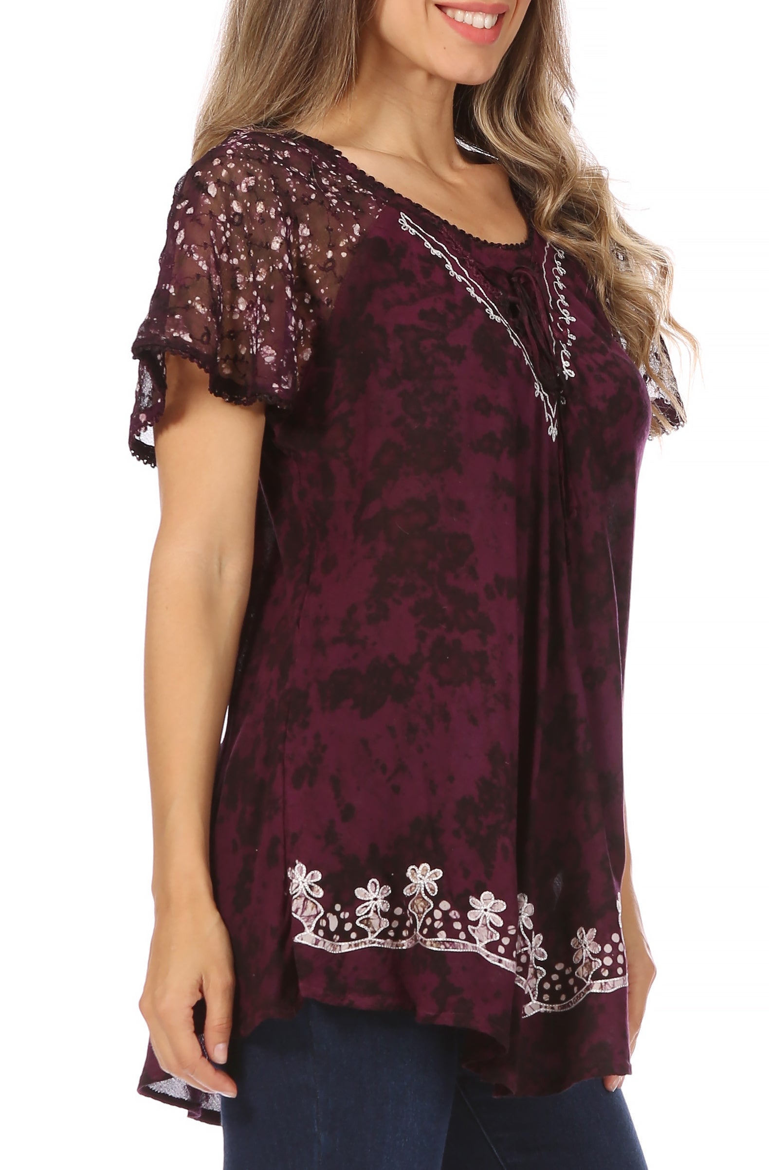 Sakkas Ash Speckled Tiedye Embroidered Cap Sleeve Blouse Top With Embroidery Hems - Concordia Style Boutique
