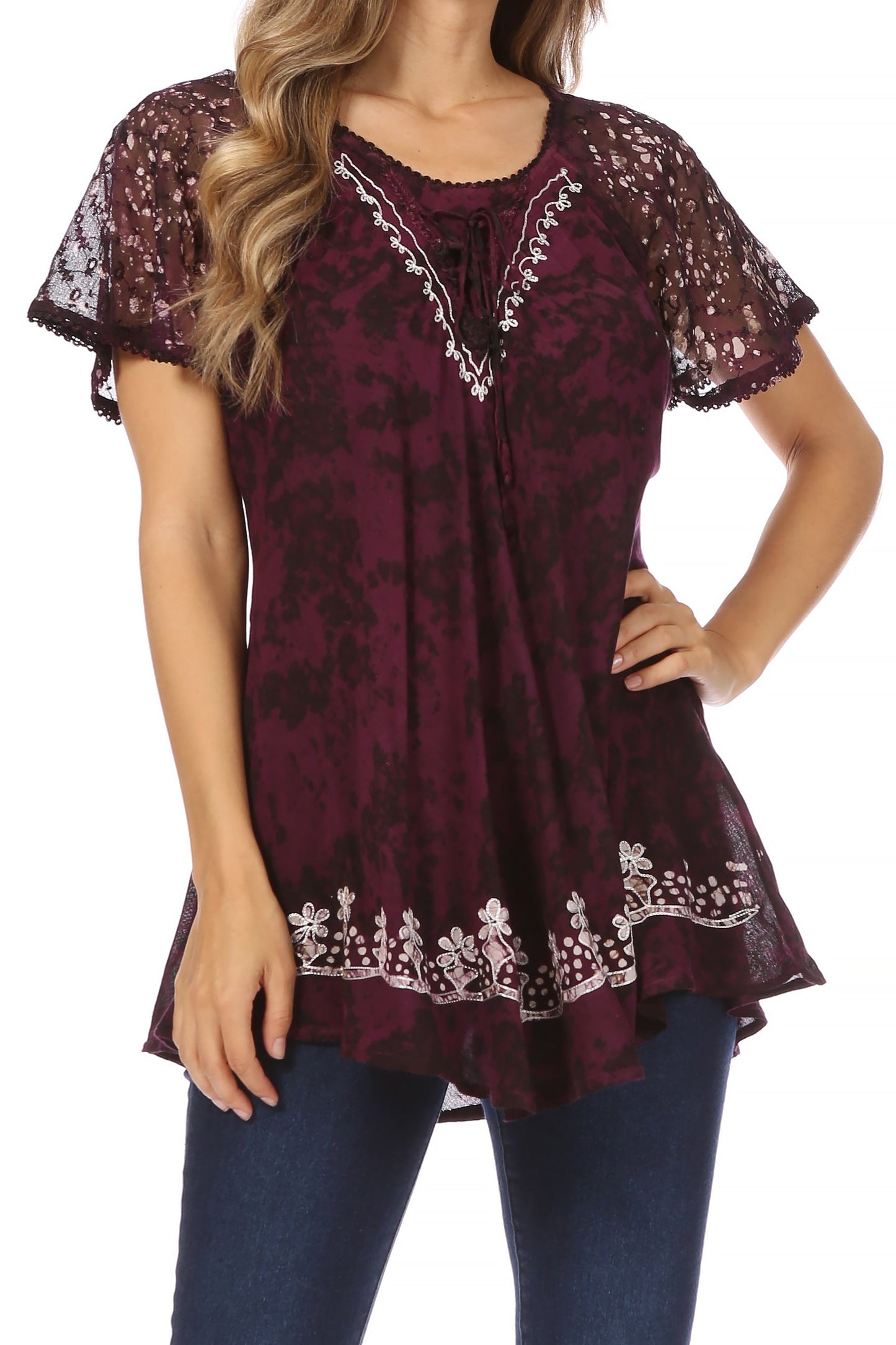 Sakkas Ash Speckled Tiedye Embroidered Cap Sleeve Blouse Top With Embroidery Hems - Concordia Style Boutique