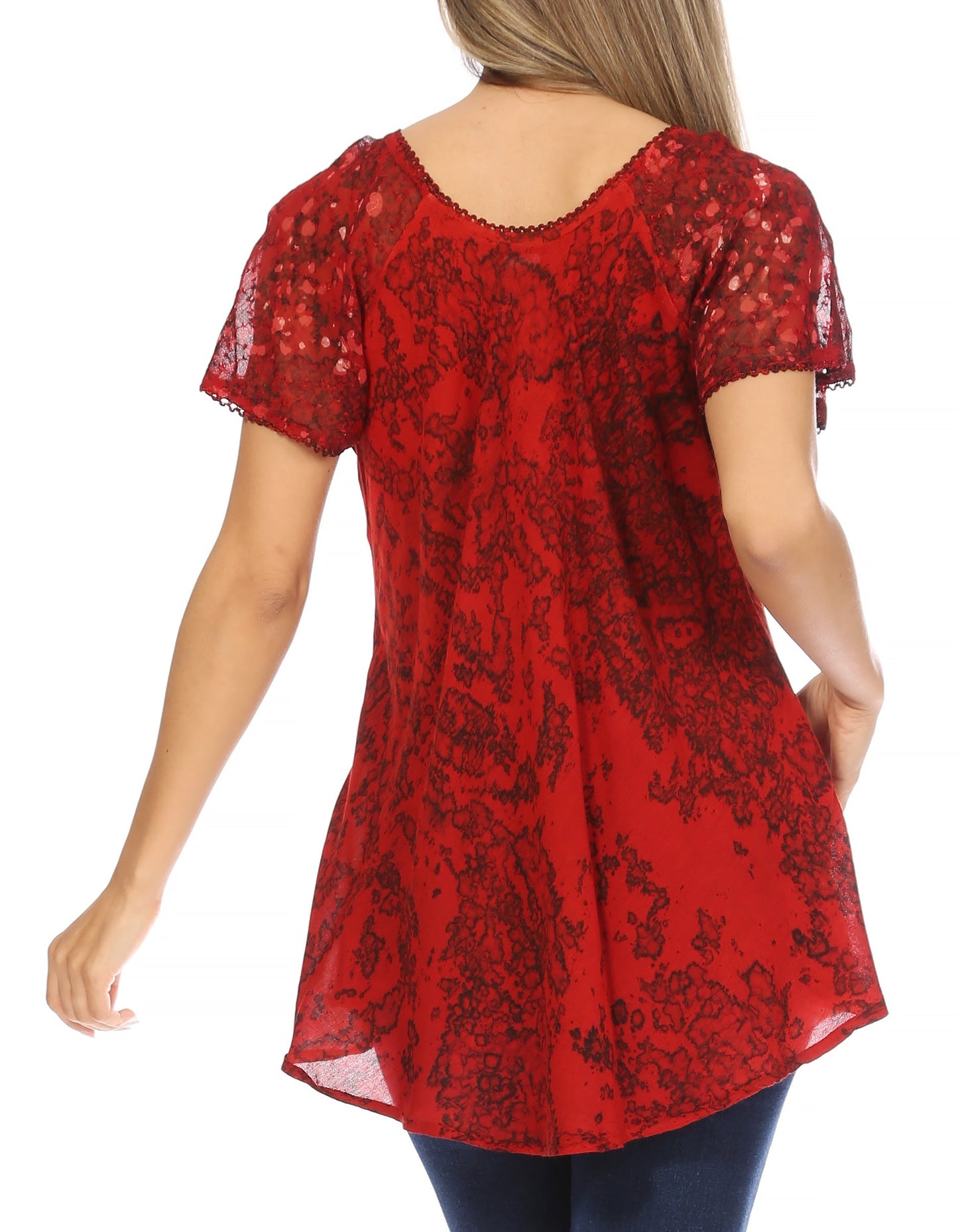 Sakkas Ash Speckled Tiedye Embroidered Cap Sleeve Blouse Top With Embroidery Hems - Concordia Style Boutique