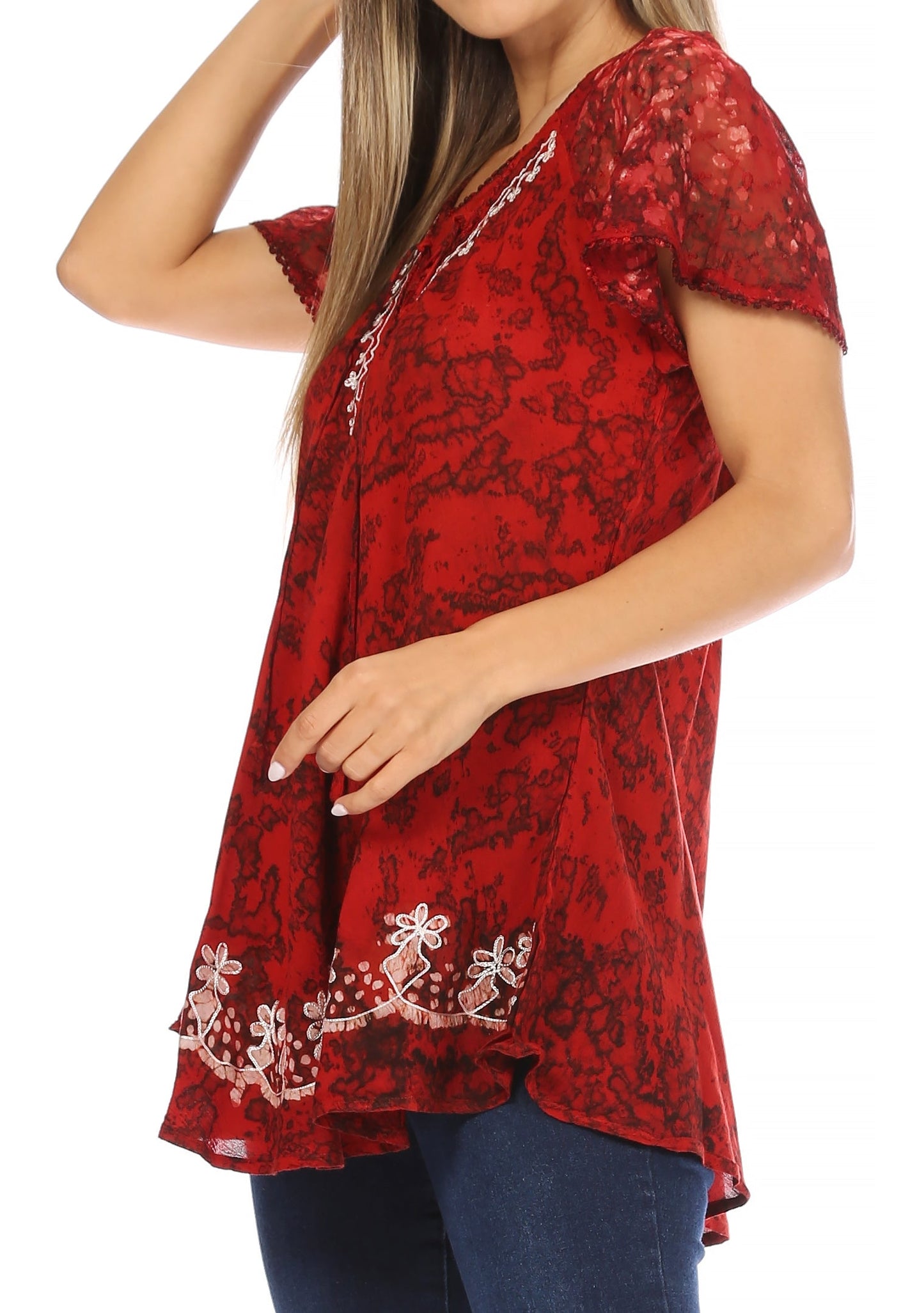 Sakkas Ash Speckled Tiedye Embroidered Cap Sleeve Blouse Top With Embroidery Hems - Concordia Style Boutique