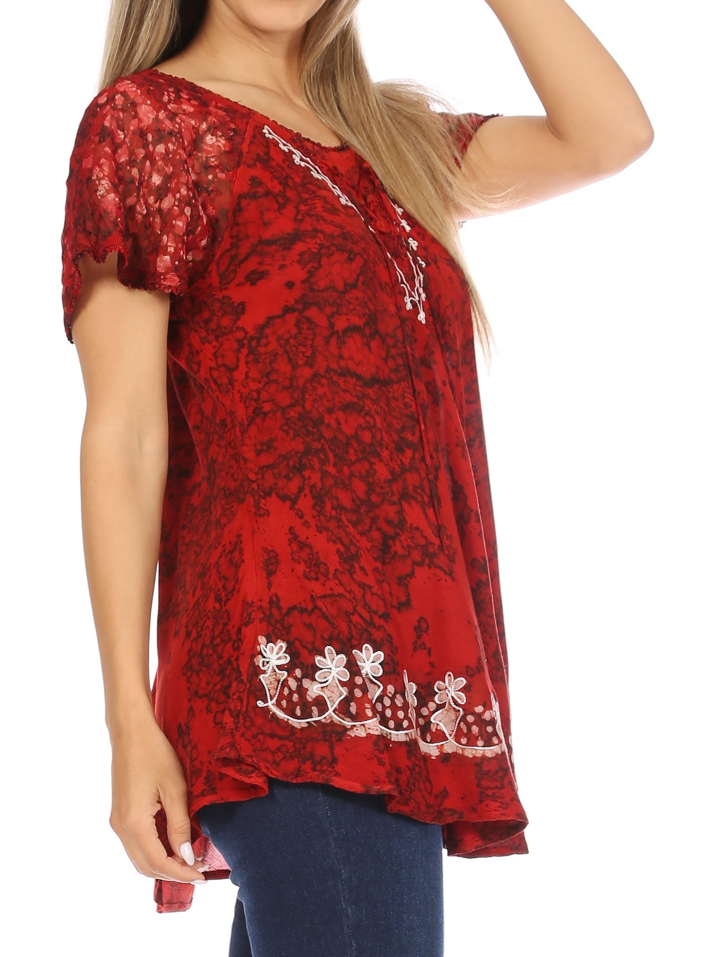 Sakkas Ash Speckled Tiedye Embroidered Cap Sleeve Blouse Top With Embroidery Hems - Concordia Style Boutique