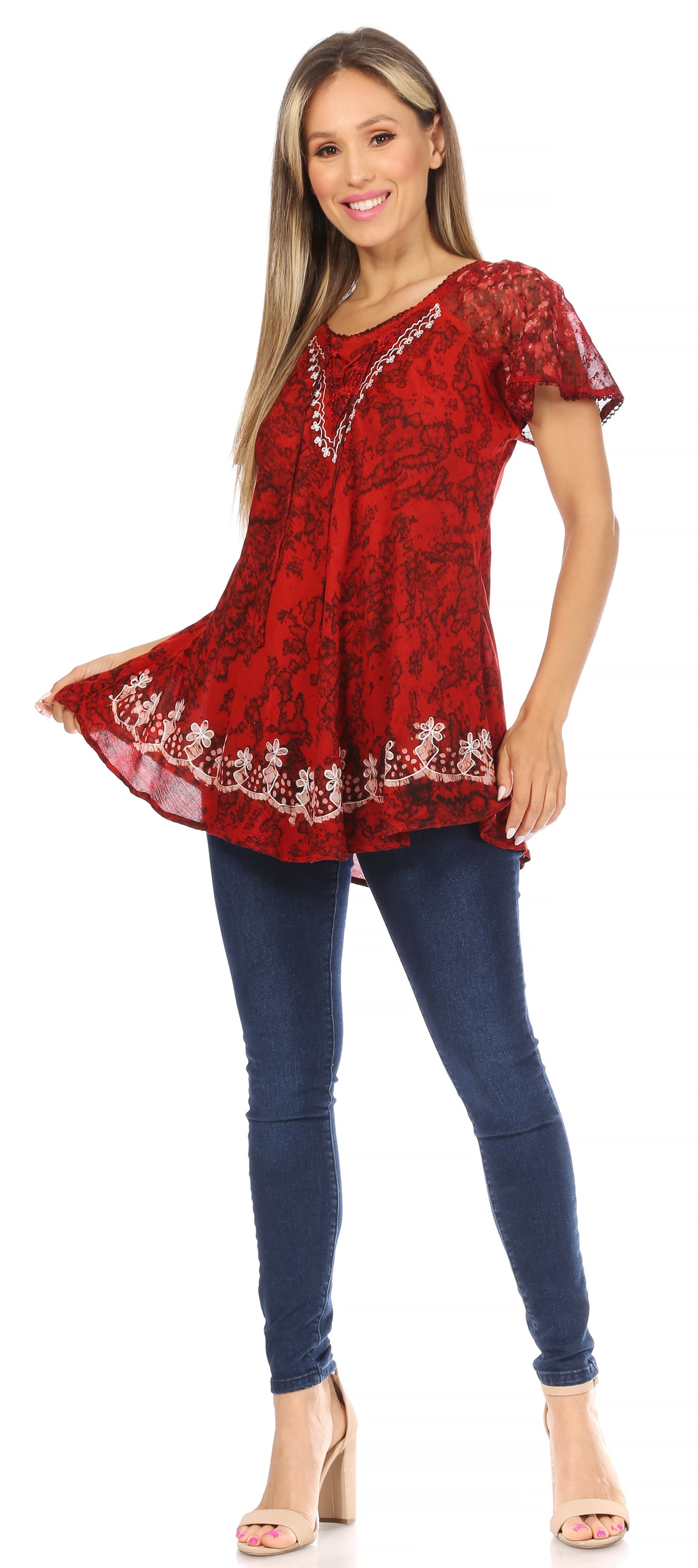 Sakkas Ash Speckled Tiedye Embroidered Cap Sleeve Blouse Top With Embroidery Hems - Concordia Style Boutique