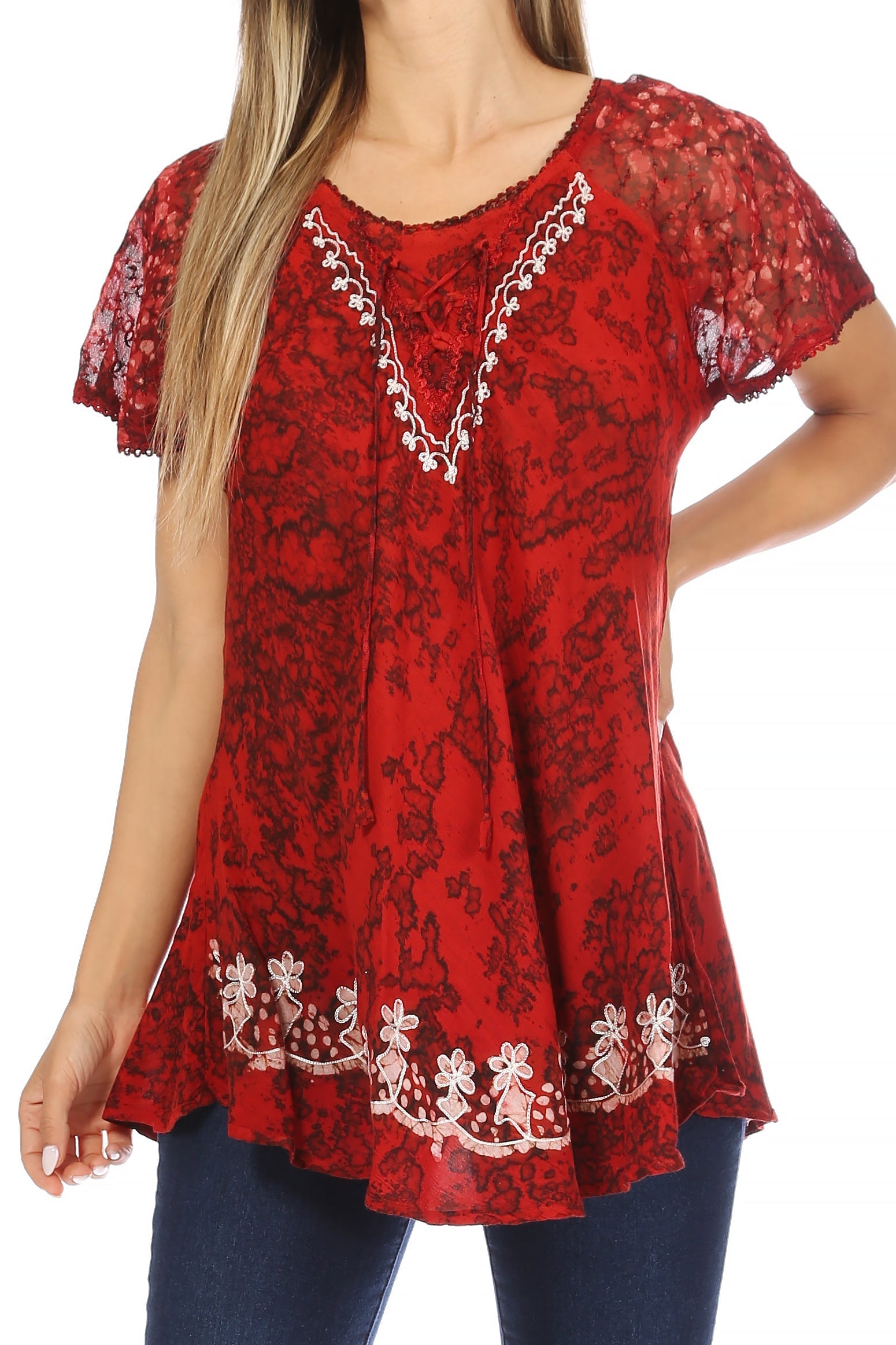 Sakkas Ash Speckled Tiedye Embroidered Cap Sleeve Blouse Top With Embroidery Hems - Concordia Style Boutique