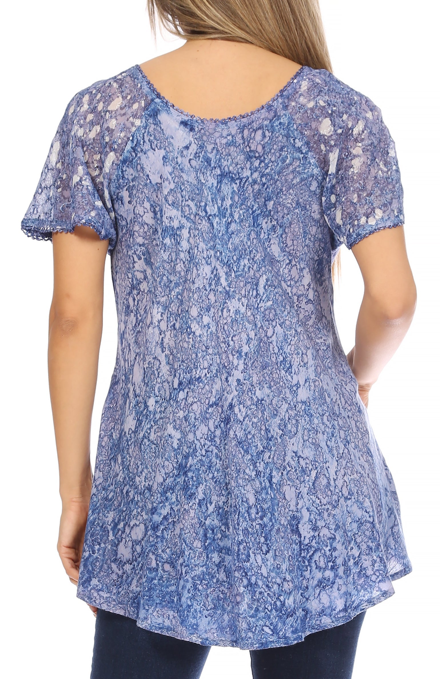 Sakkas Ash Speckled Tiedye Embroidered Cap Sleeve Blouse Top With Embroidery Hems - Concordia Style Boutique