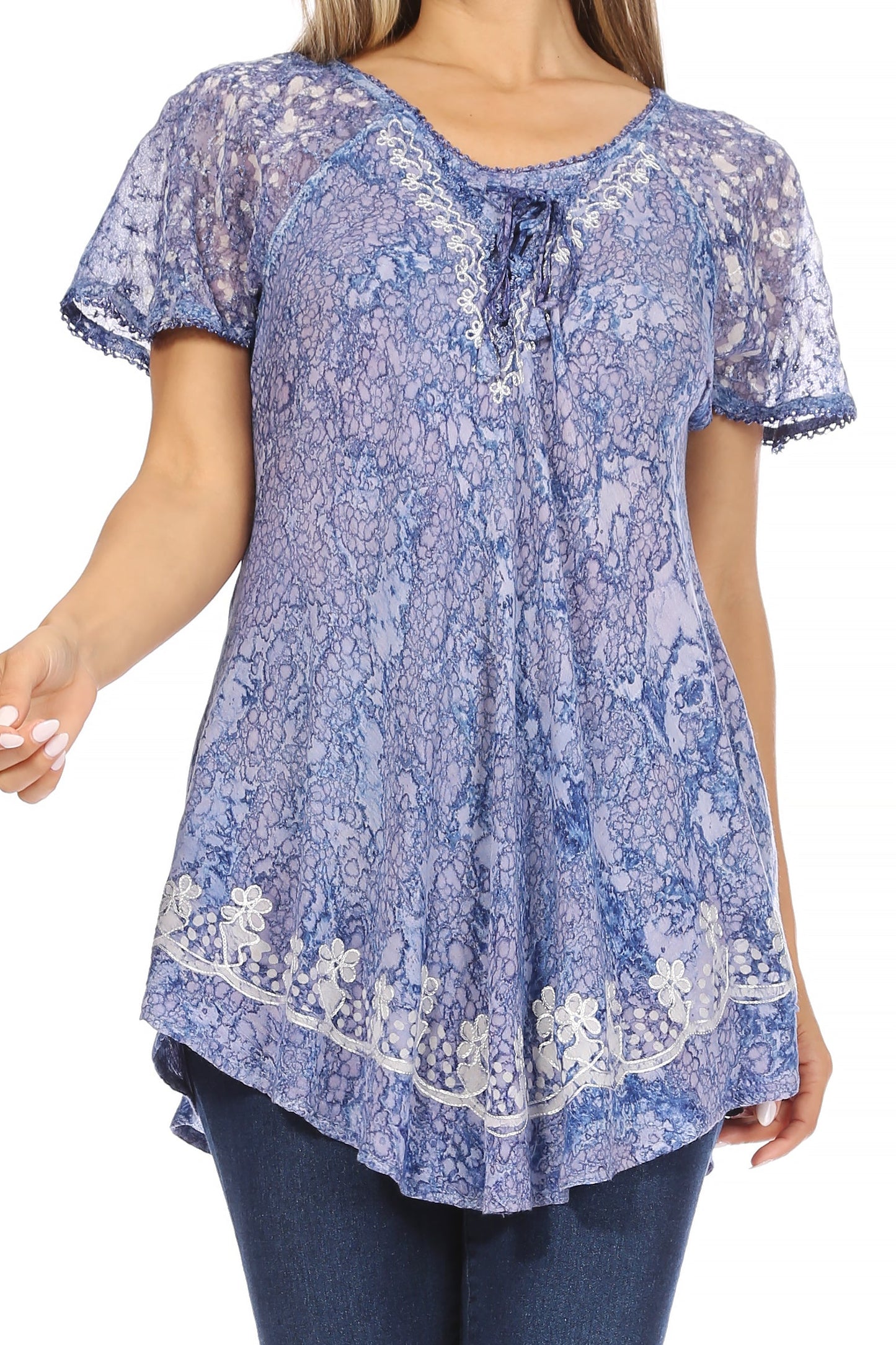 Sakkas Ash Speckled Tiedye Embroidered Cap Sleeve Blouse Top With Embroidery Hems - Concordia Style Boutique