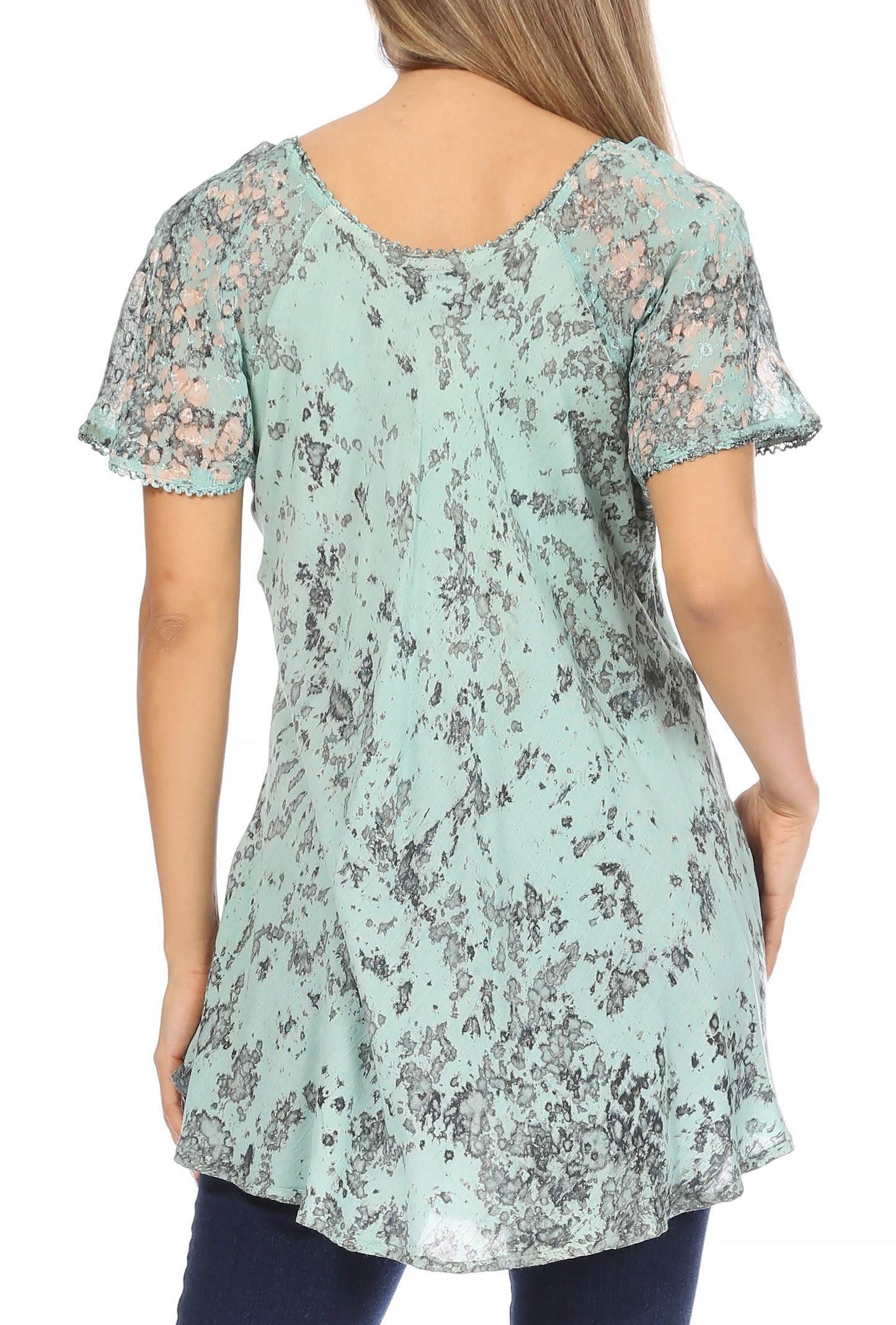 Sakkas Ash Speckled Tiedye Embroidered Cap Sleeve Blouse Top With Embroidery Hems - Concordia Style Boutique