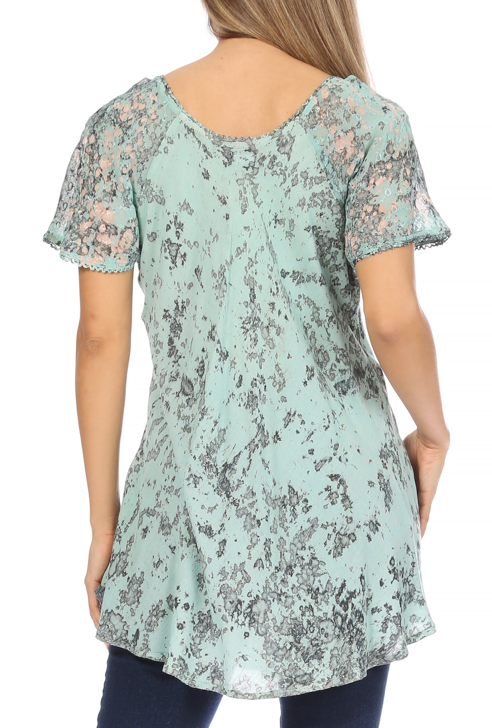 Sakkas Ash Speckled Tiedye Embroidered Cap Sleeve Blouse Top With Embroidery Hems - Concordia Style Boutique
