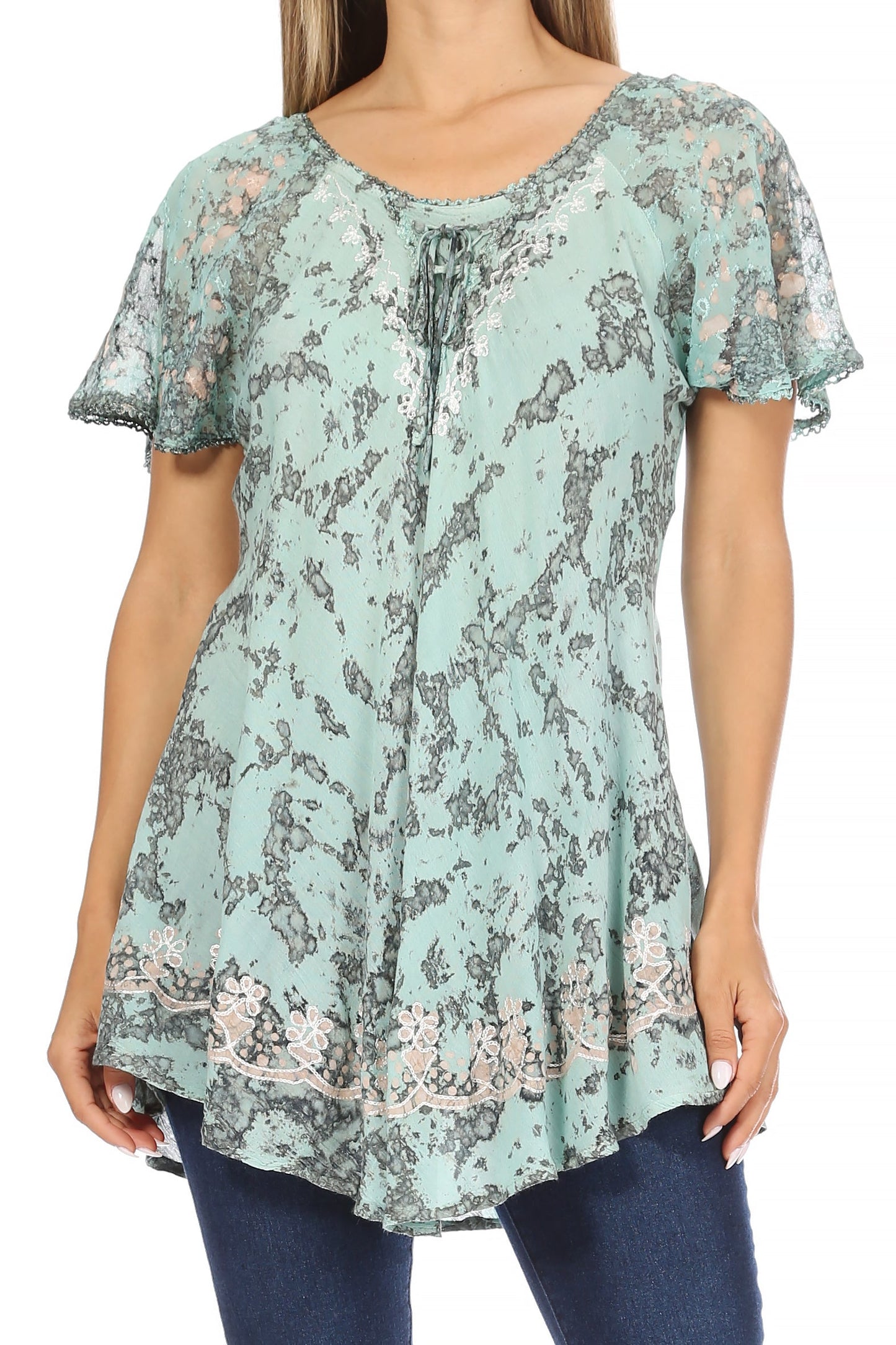 Sakkas Ash Speckled Tiedye Embroidered Cap Sleeve Blouse Top With Embroidery Hems - Concordia Style Boutique