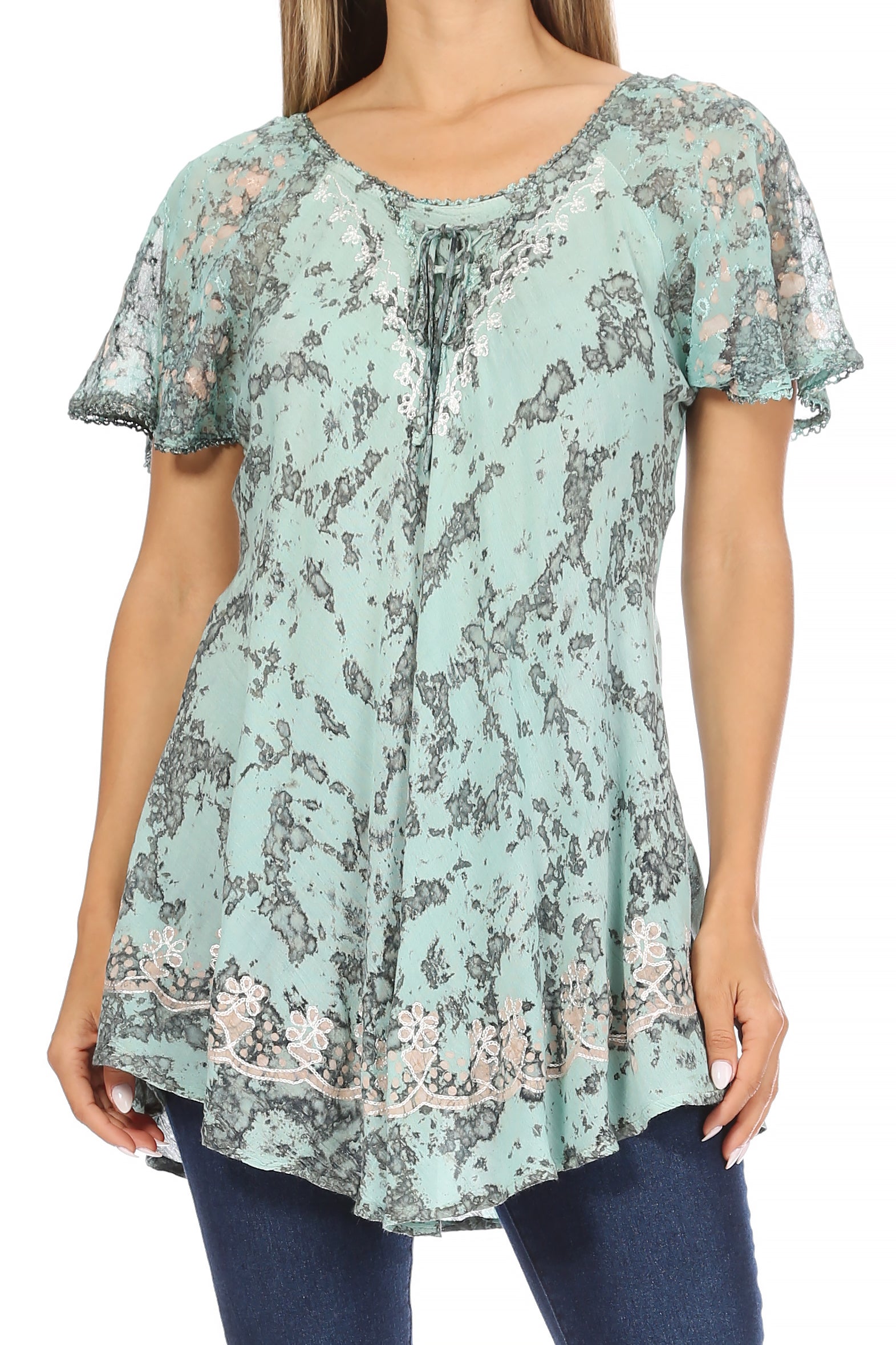 Sakkas Ash Speckled Tiedye Embroidered Cap Sleeve Blouse Top With Embroidery Hems - Concordia Style Boutique