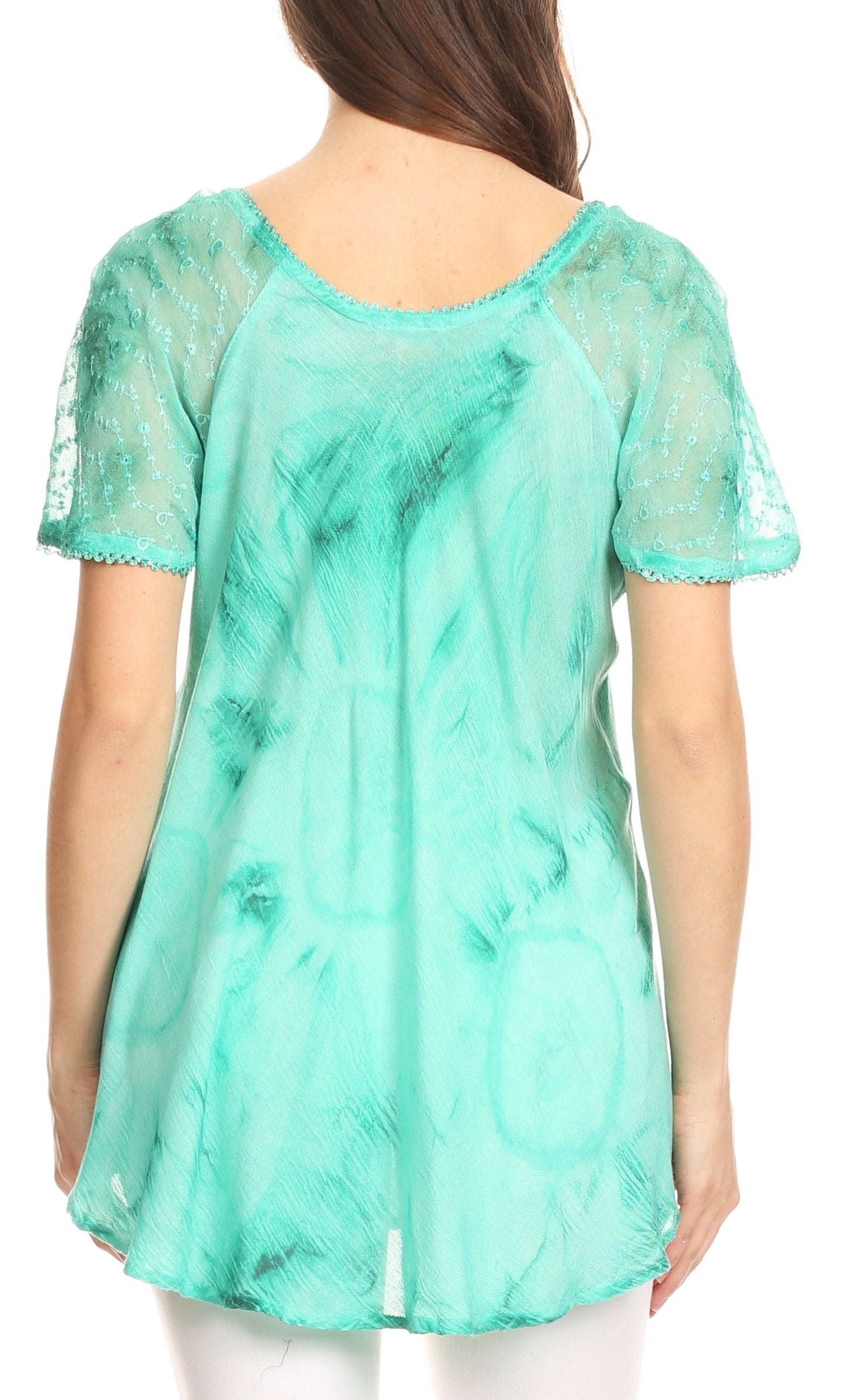 Sakkas Hana Tie Dye Relaxed Fit Embroidery Cap Sleeves Peasant Batik Blouse / Top - Concordia Style Boutique
