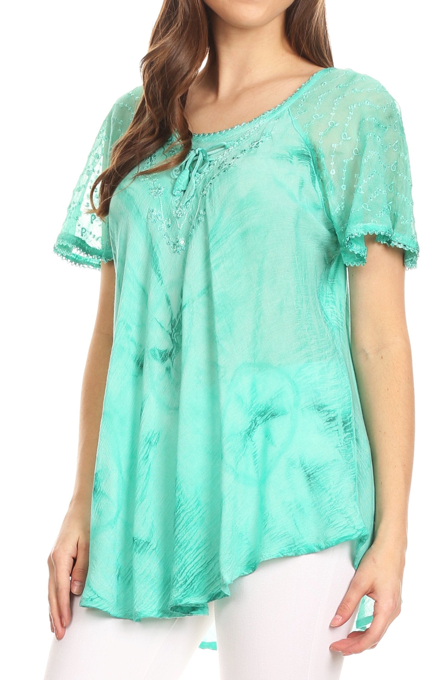 Sakkas Hana Tie Dye Relaxed Fit Embroidery Cap Sleeves Peasant Batik Blouse / Top - Concordia Style Boutique