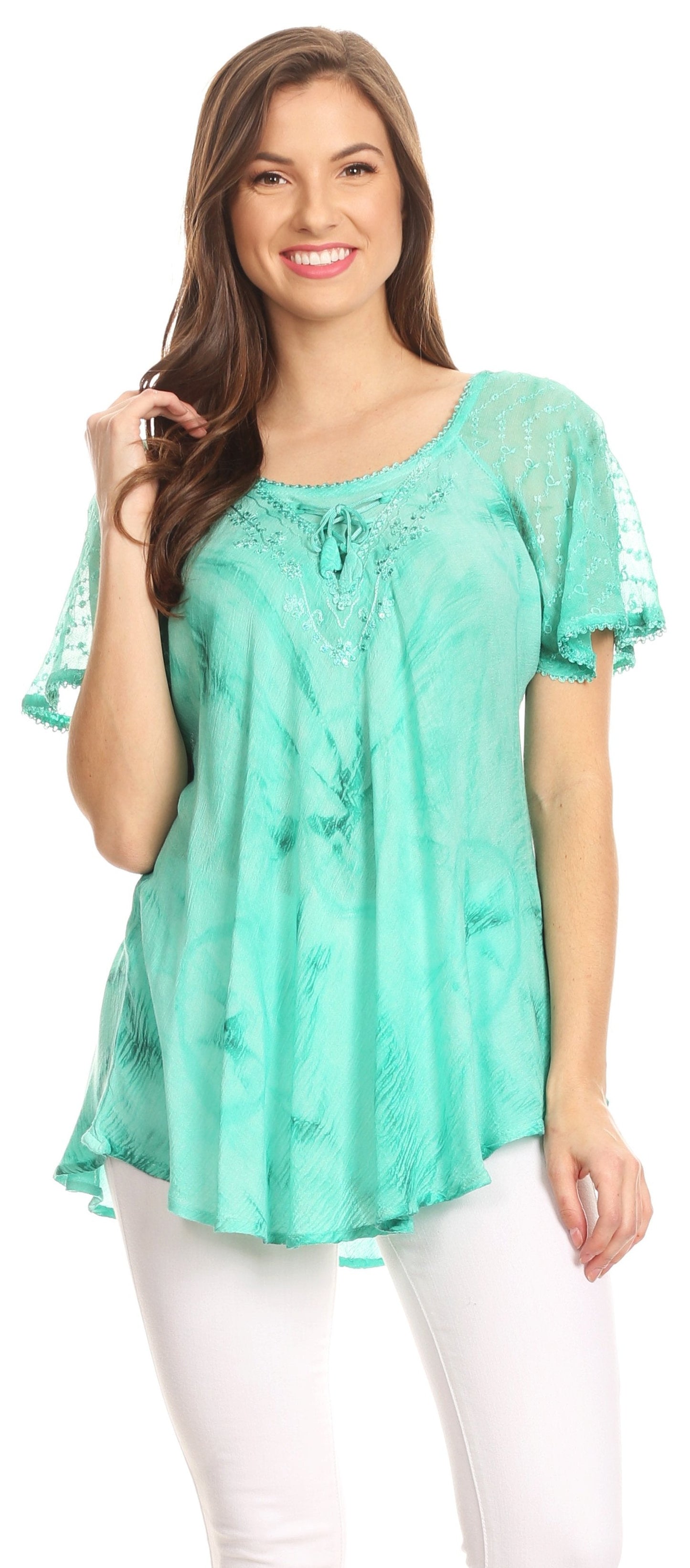 Sakkas Hana Tie Dye Relaxed Fit Embroidery Cap Sleeves Peasant Batik Blouse / Top - Concordia Style Boutique