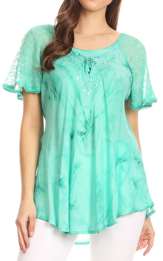 Sakkas Hana Tie Dye Relaxed Fit Embroidery Cap Sleeves Peasant Batik Blouse / Top - Concordia Style Boutique