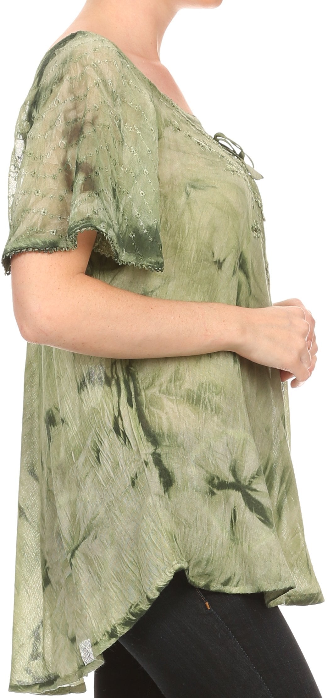 Sakkas Hana Tie Dye Relaxed Fit Embroidery Cap Sleeves Peasant Batik Blouse / Top - Concordia Style Boutique