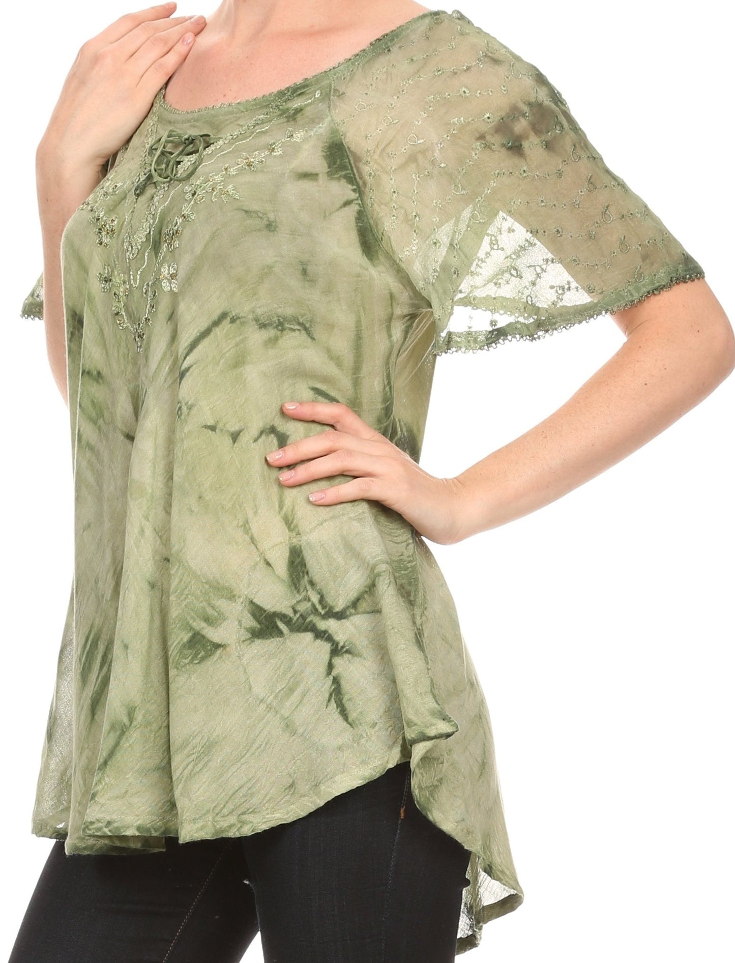 Sakkas Hana Tie Dye Relaxed Fit Embroidery Cap Sleeves Peasant Batik Blouse / Top - Concordia Style Boutique