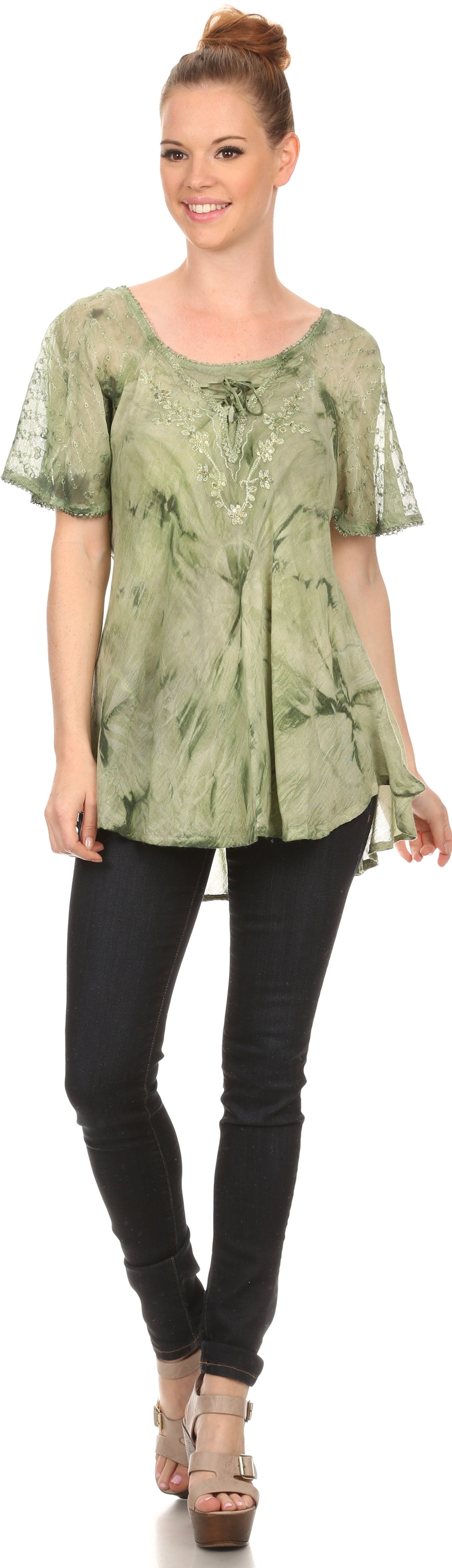 Sakkas Hana Tie Dye Relaxed Fit Embroidery Cap Sleeves Peasant Batik Blouse / Top - Concordia Style Boutique