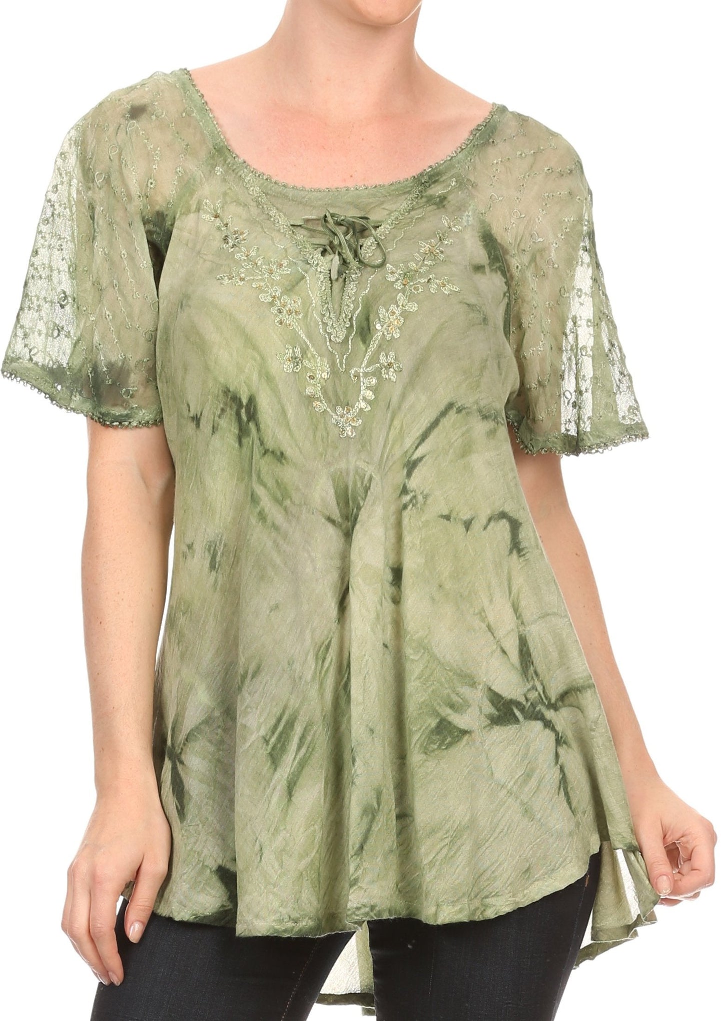 Sakkas Hana Tie Dye Relaxed Fit Embroidery Cap Sleeves Peasant Batik Blouse / Top - Concordia Style Boutique