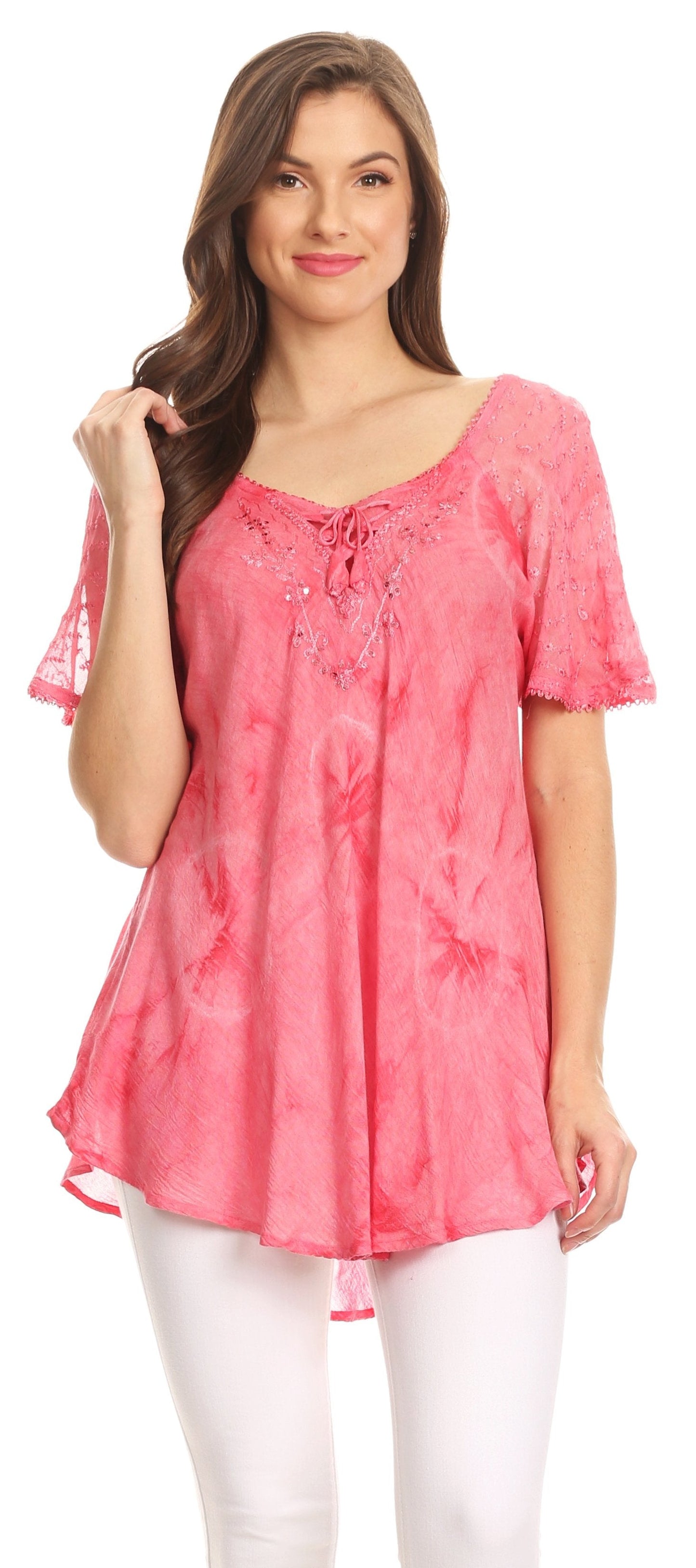 Sakkas Hana Tie Dye Relaxed Fit Embroidery Cap Sleeves Peasant Batik Blouse / Top - Concordia Style Boutique
