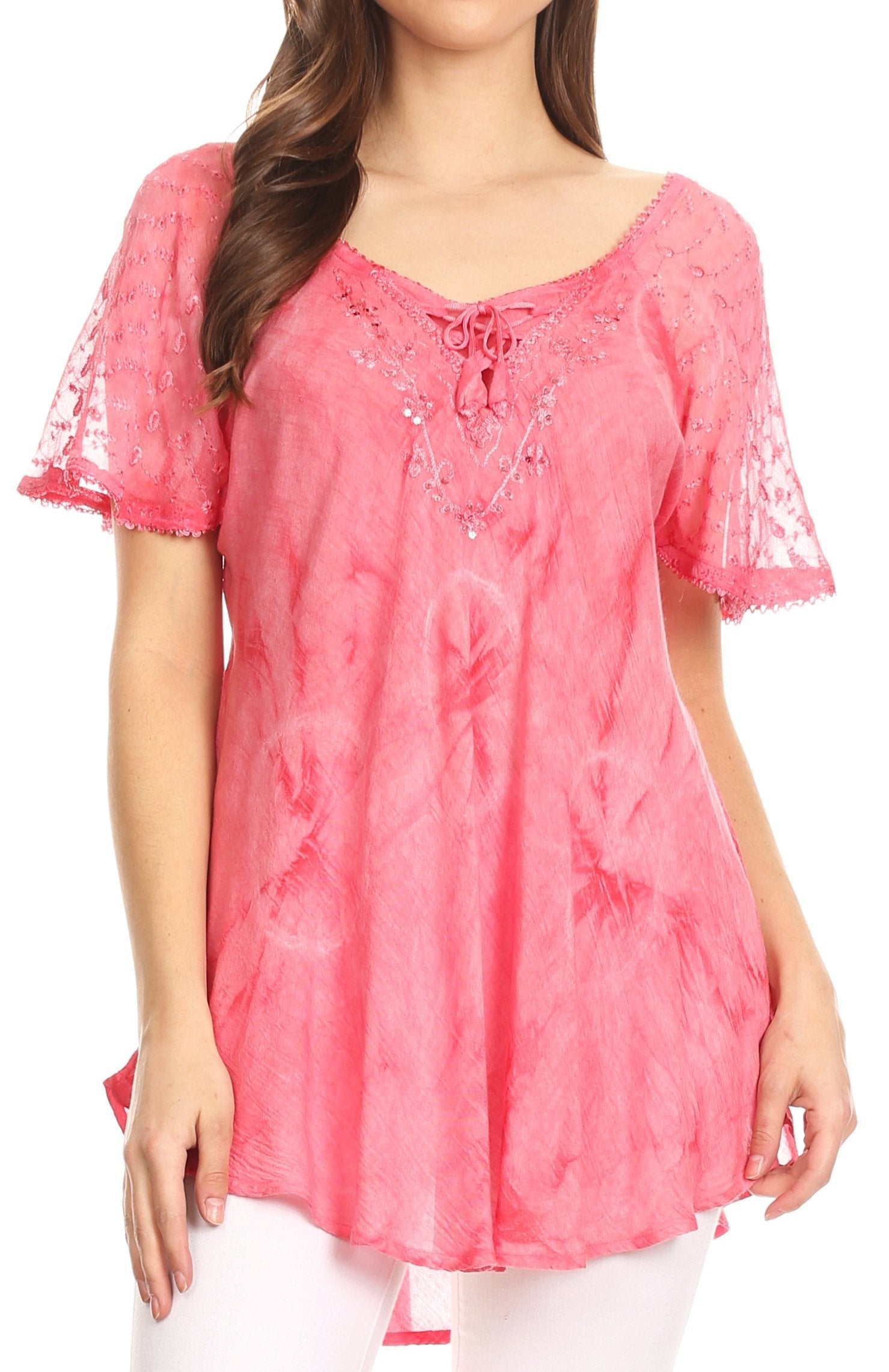 Sakkas Hana Tie Dye Relaxed Fit Embroidery Cap Sleeves Peasant Batik Blouse / Top - Concordia Style Boutique