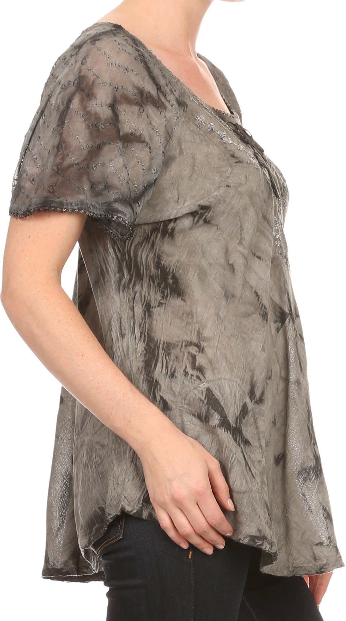 Sakkas Hana Tie Dye Relaxed Fit Embroidery Cap Sleeves Peasant Batik Blouse / Top - Concordia Style Boutique