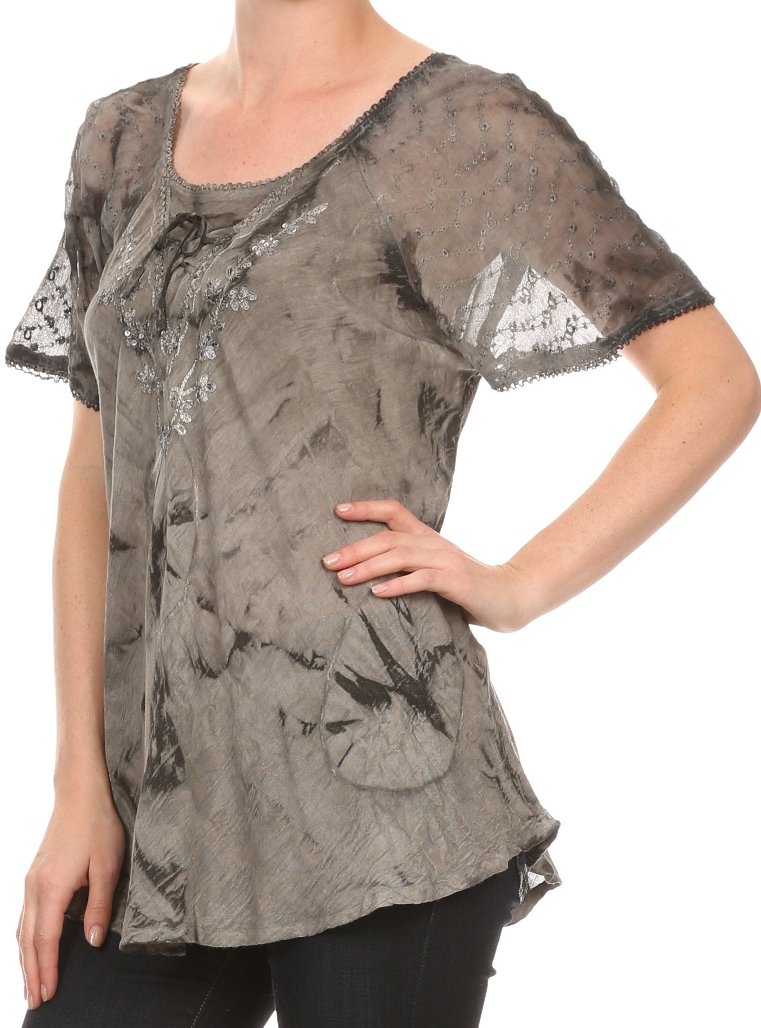 Sakkas Hana Tie Dye Relaxed Fit Embroidery Cap Sleeves Peasant Batik Blouse / Top - Concordia Style Boutique