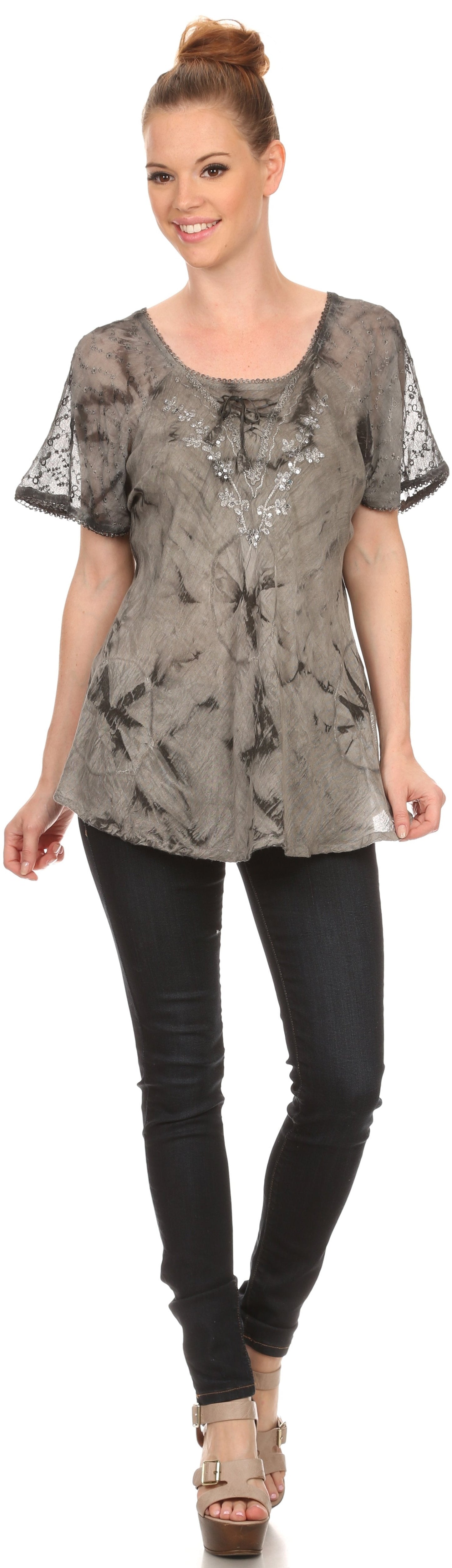 Sakkas Hana Tie Dye Relaxed Fit Embroidery Cap Sleeves Peasant Batik Blouse / Top - Concordia Style Boutique