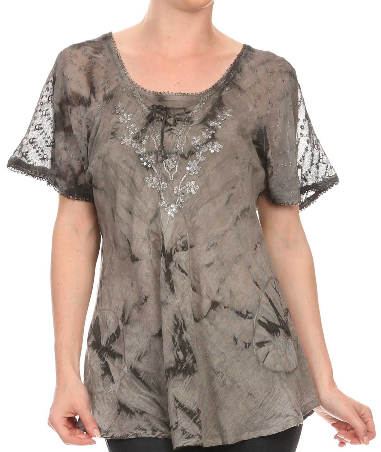 Sakkas Hana Tie Dye Relaxed Fit Embroidery Cap Sleeves Peasant Batik Blouse / Top - Concordia Style Boutique