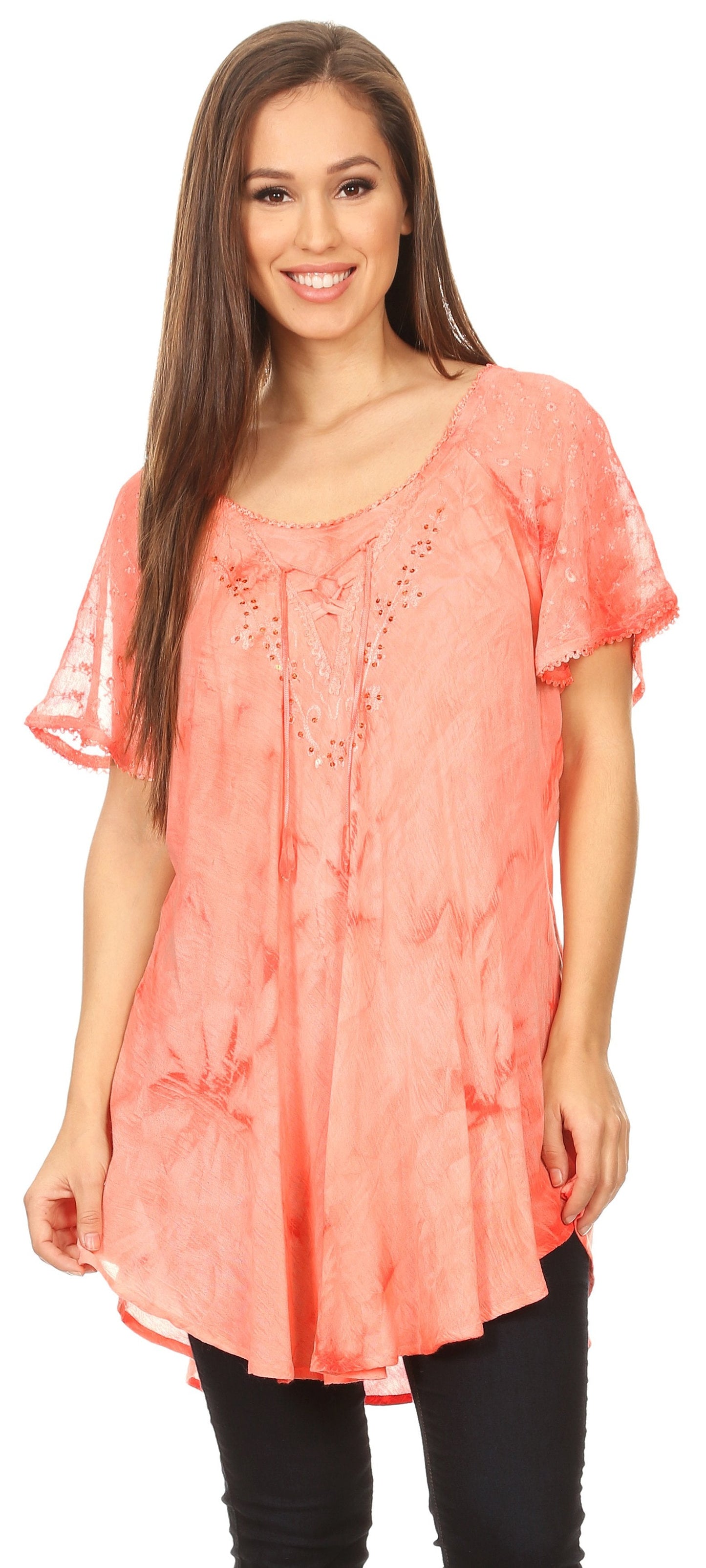 Sakkas Hana Tie Dye Relaxed Fit Embroidery Cap Sleeves Peasant Batik Blouse / Top - Concordia Style Boutique