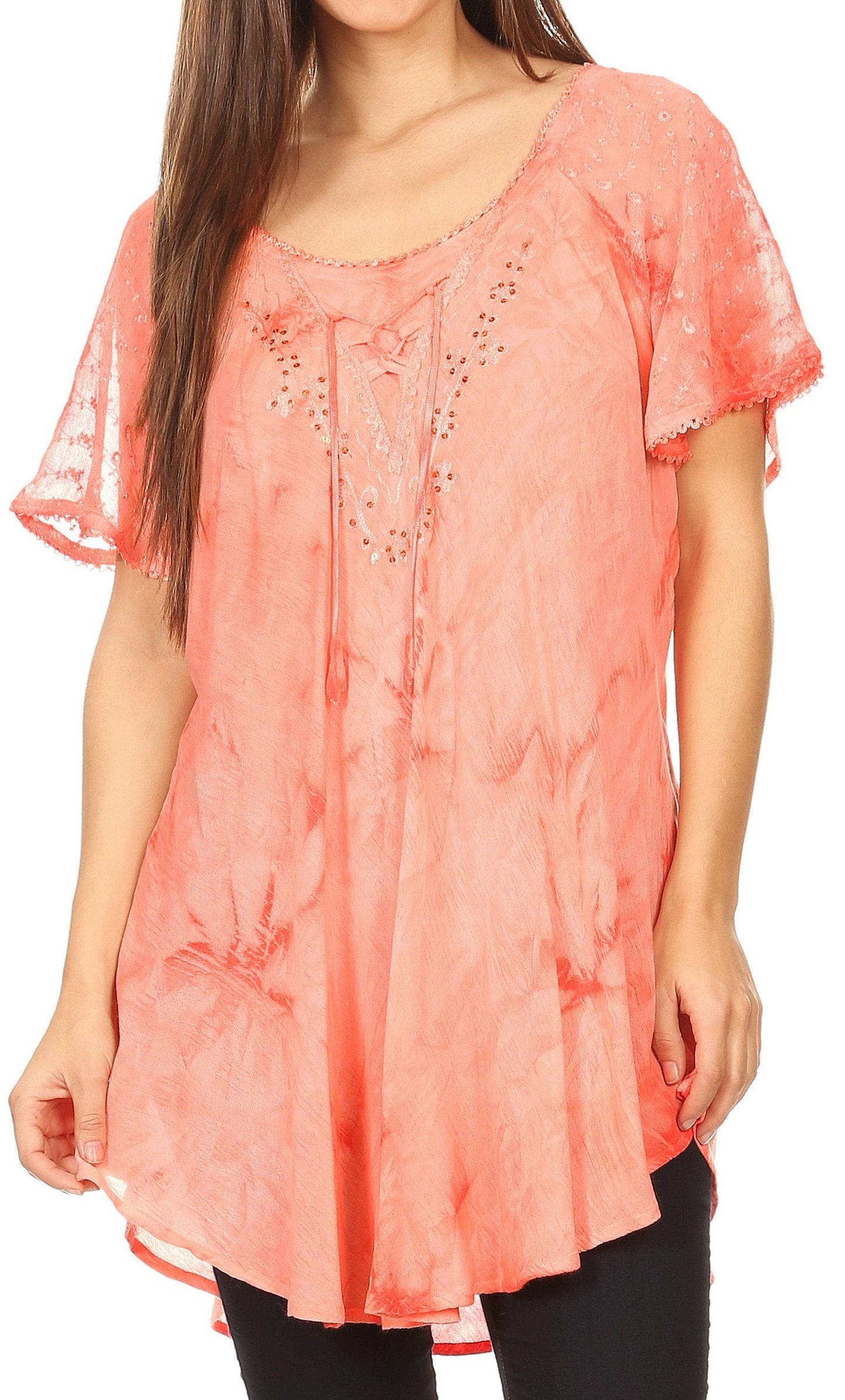 Sakkas Hana Tie Dye Relaxed Fit Embroidery Cap Sleeves Peasant Batik Blouse / Top - Concordia Style Boutique