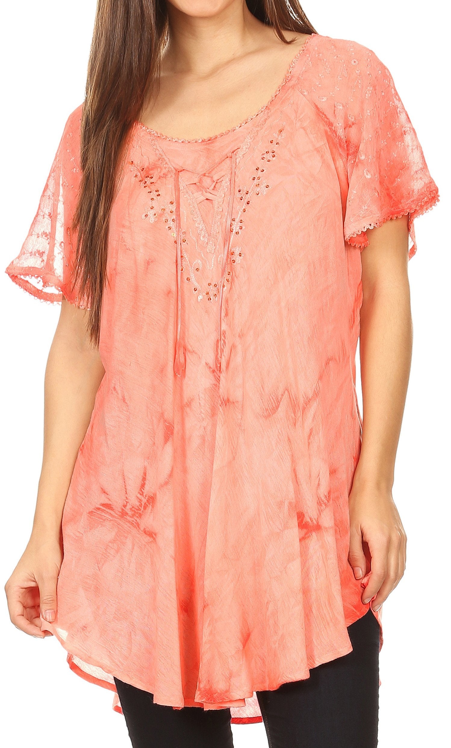 Sakkas Hana Tie Dye Relaxed Fit Embroidery Cap Sleeves Peasant Batik Blouse / Top - Concordia Style Boutique