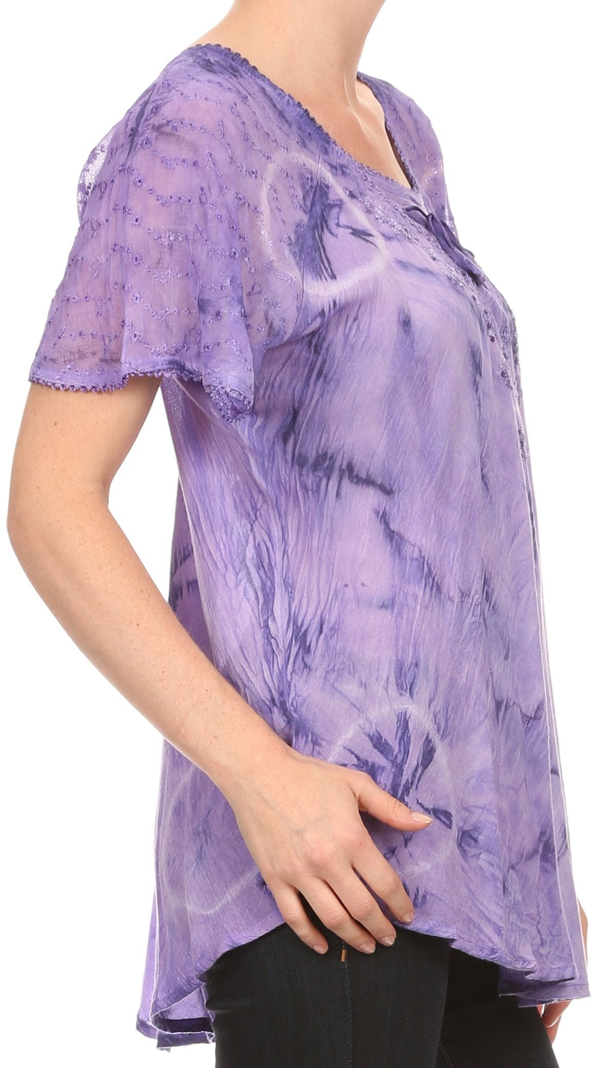 Sakkas Hana Tie Dye Relaxed Fit Embroidery Cap Sleeves Peasant Batik Blouse / Top - Concordia Style Boutique