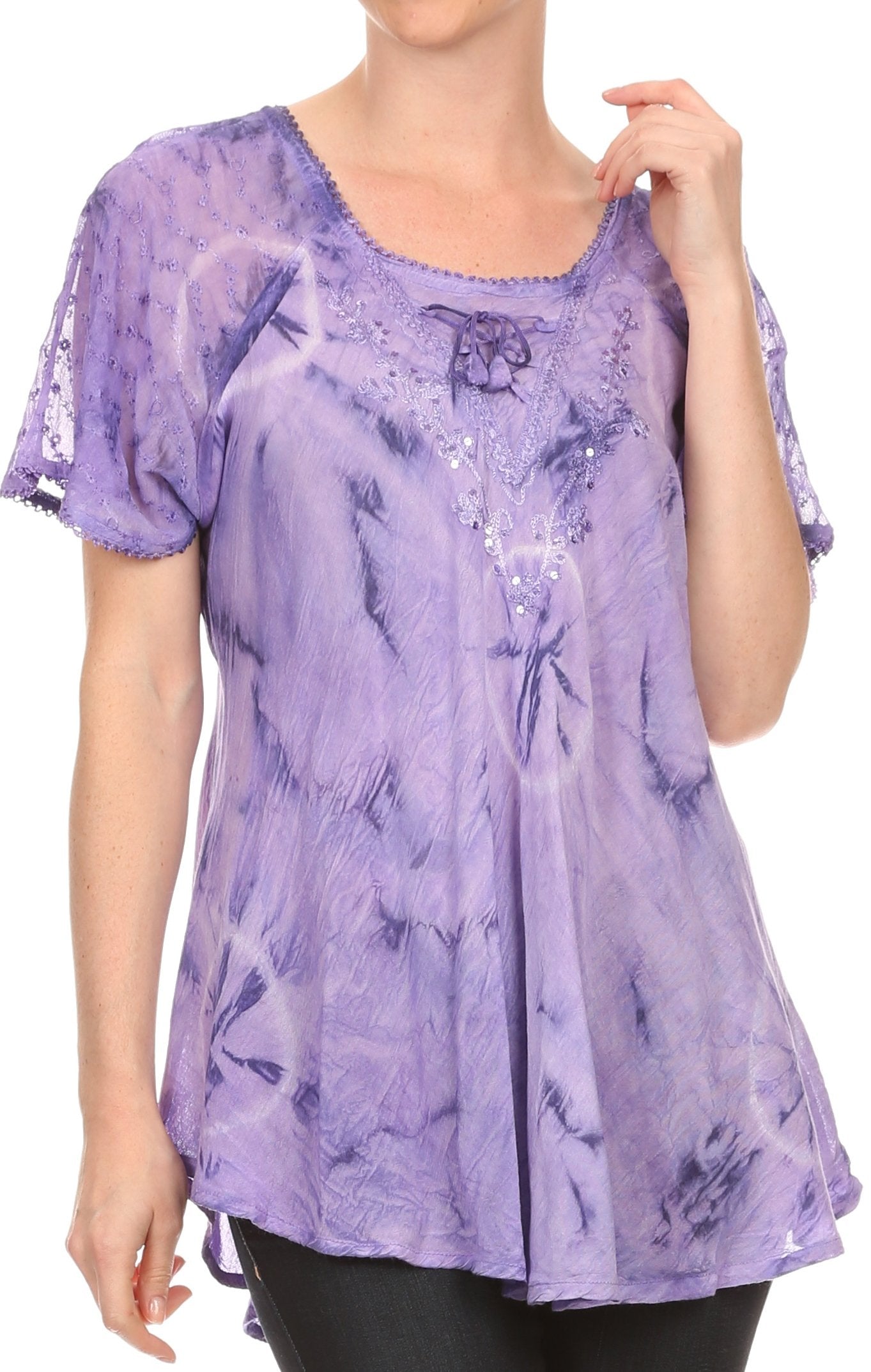 Sakkas Hana Tie Dye Relaxed Fit Embroidery Cap Sleeves Peasant Batik Blouse / Top - Concordia Style Boutique
