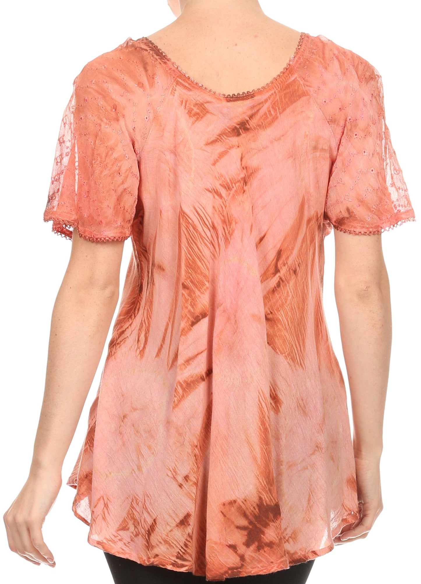 Sakkas Hana Tie Dye Relaxed Fit Embroidery Cap Sleeves Peasant Batik Blouse / Top - Concordia Style Boutique